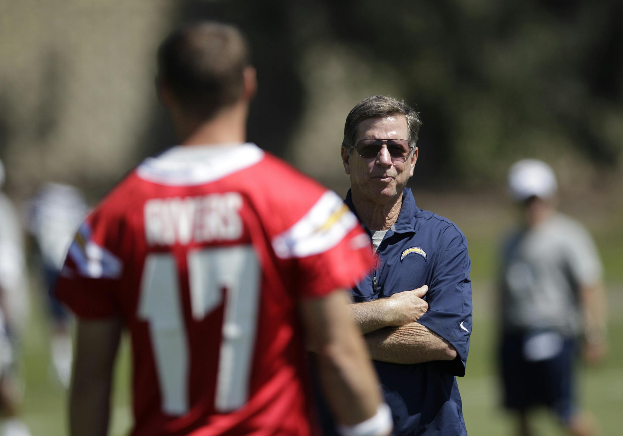 San Diego Chargers head coach Norv Turner, right, looks on in front of quarterback Philip Rivers during an NFL football OTA on Tuesday, May 29, 2012, in San Diego. (AP Photo/Gregory Bull) ORG XMIT: NYEOTK