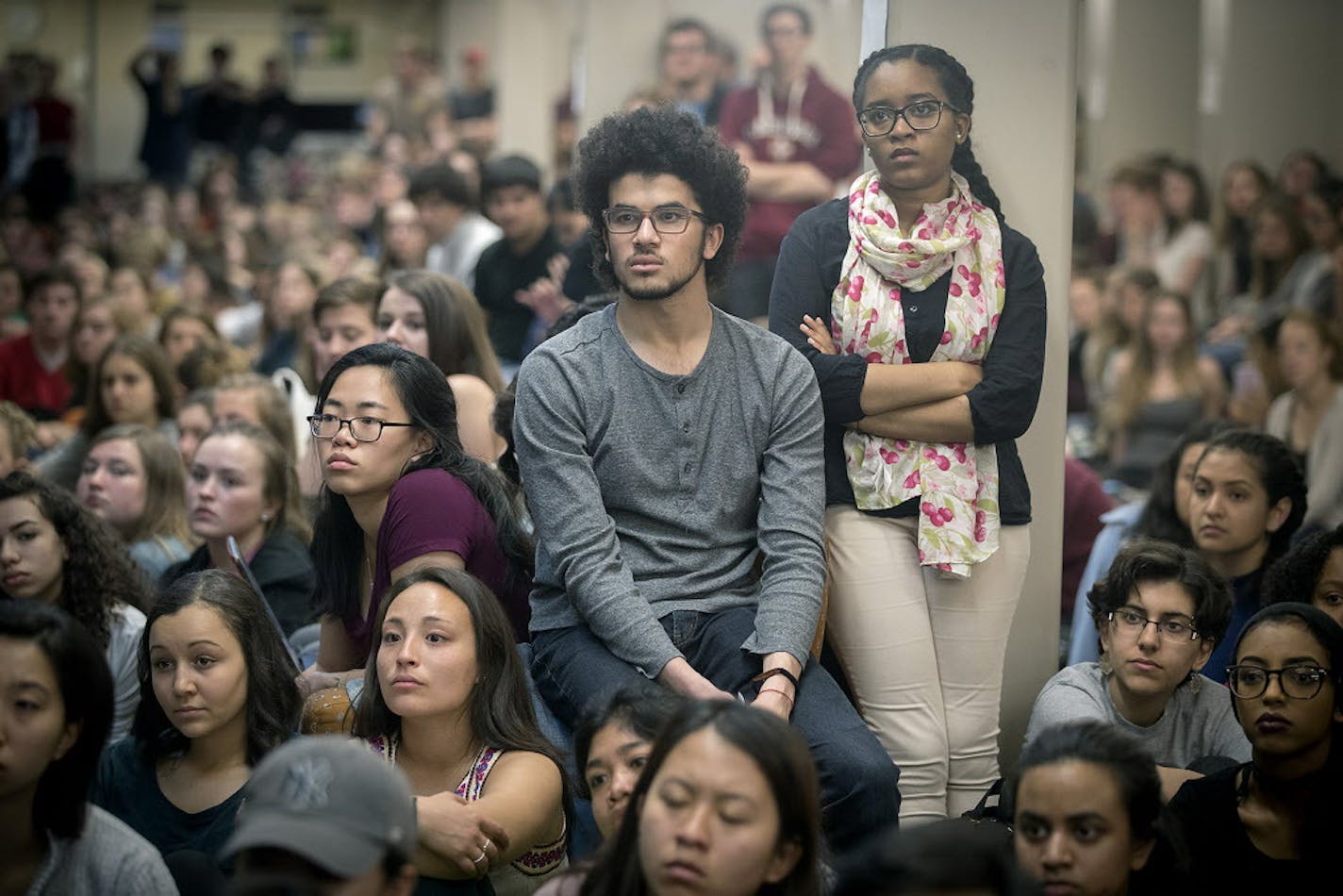 St. Olaf College students fill Tomson Hall to boycott classes after numerous acts of incidents of racial hate happened on campus and demanded to be addressed Monday, May 1, 2017 in Northfield, Minn. (Elizabeth Flores/Minneapolis Star Tribune/TNS) ORG XMIT: 1201586