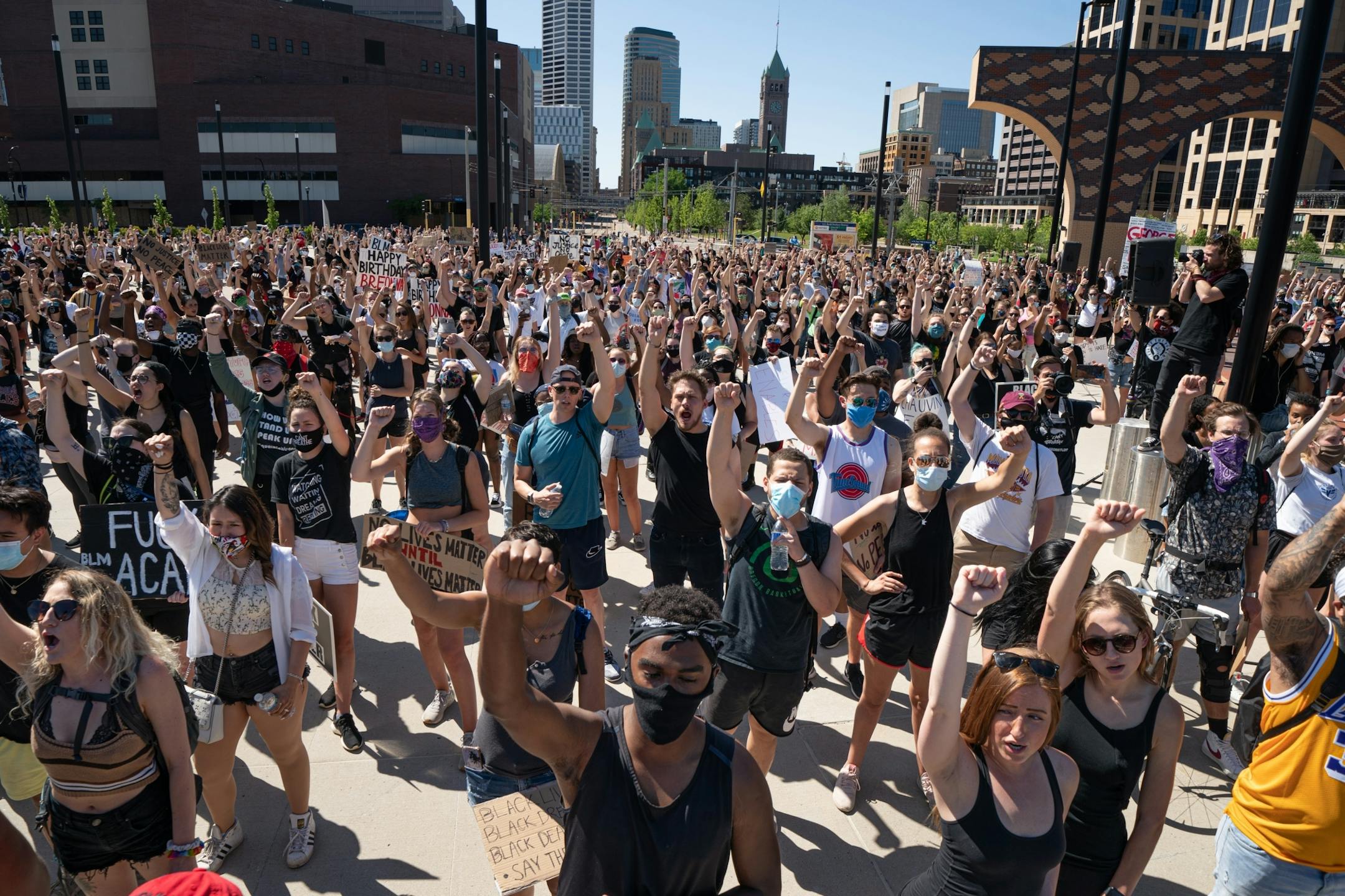 "Say his Name," "George Floyd" was chanted at the rally. A rally called Unfinished Business, sponsored by the 10K foundation drew crowds starting from USBank Stadium and then marched toward downtown.