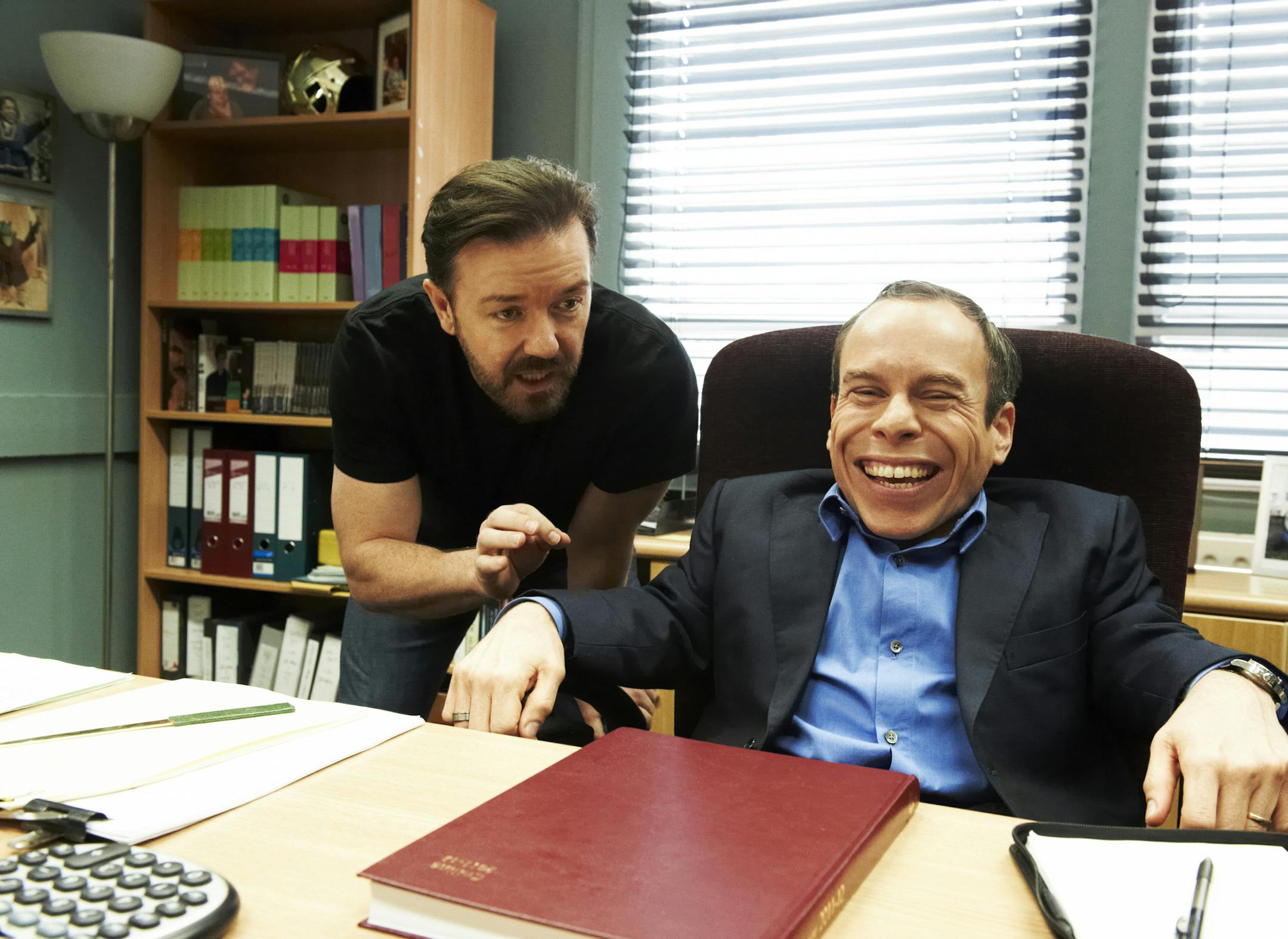 LIFE'S TOO SHORT: Ricky Gervais, Warwick Davis. photo: Ray Burmiston HBO