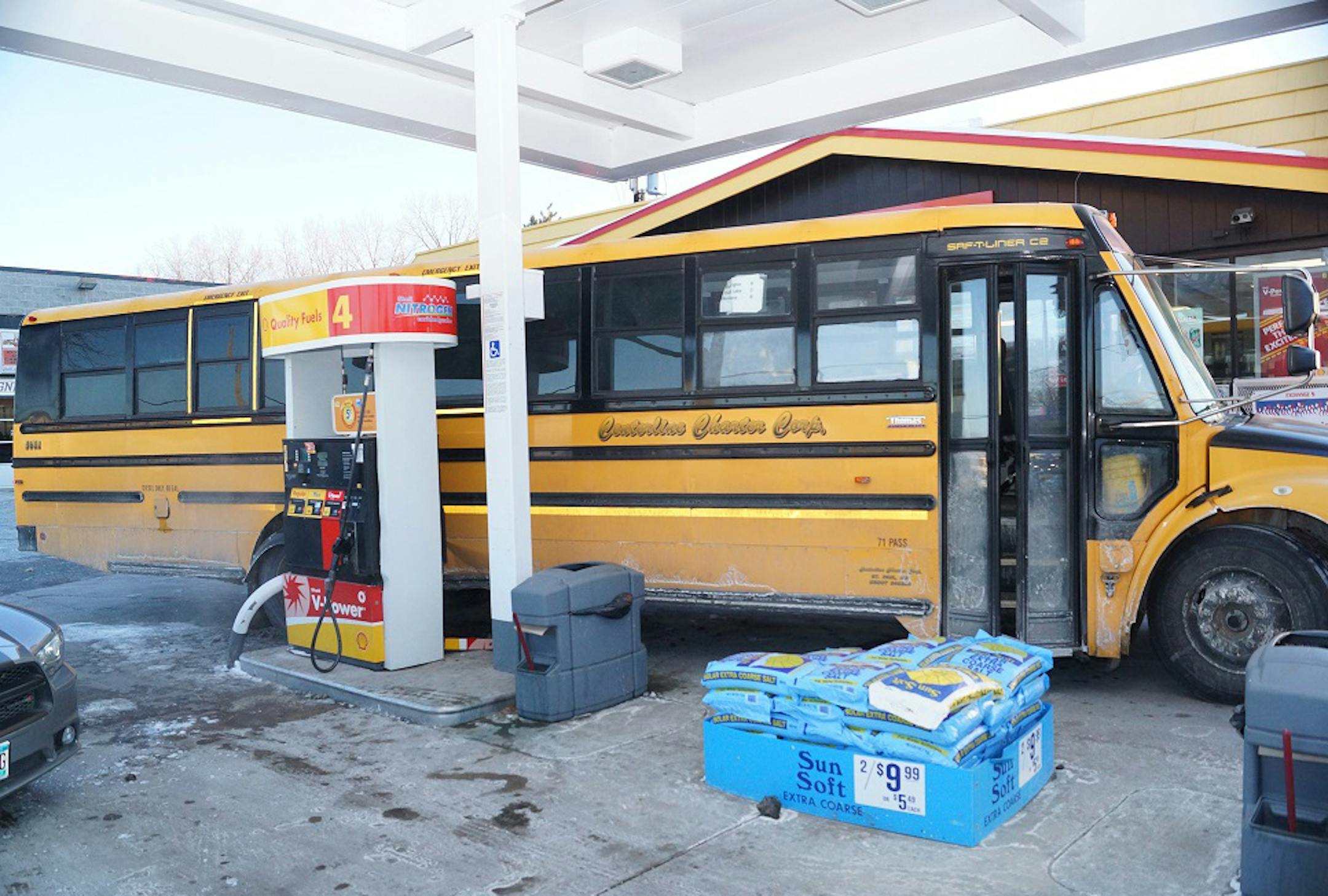 A 14-year-old boy on Monday took a school bus on a joyride and crashed it into a pump at a Roseville gas station.
