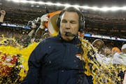 Denver Broncos� head coach Gary Kubiak is doused with Gatorade during the second half of the NFL Super Bowl 50 football game Sunday, Feb. 7, 2016, i