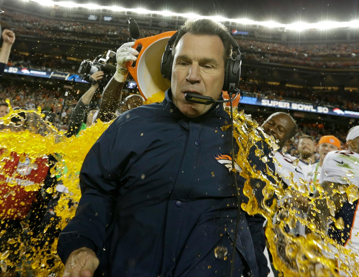 Denver Broncos� head coach Gary Kubiak is doused with Gatorade during the second half of the NFL Super Bowl 50 football game Sunday, Feb. 7, 2016, in Santa Clara, Calif. The Broncos beat the Panthers 24-10. (AP Photo/David J. Phillip)