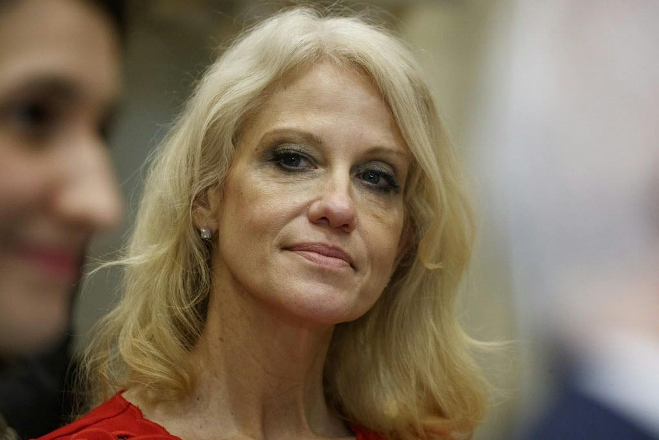 Kellyanne Conway, senior adviser to President Donald Trump, watches during a meeting with parents and teachers, Tuesday, Feb. 14, 2017, in the Roosevelt Room of the White House in Washington.