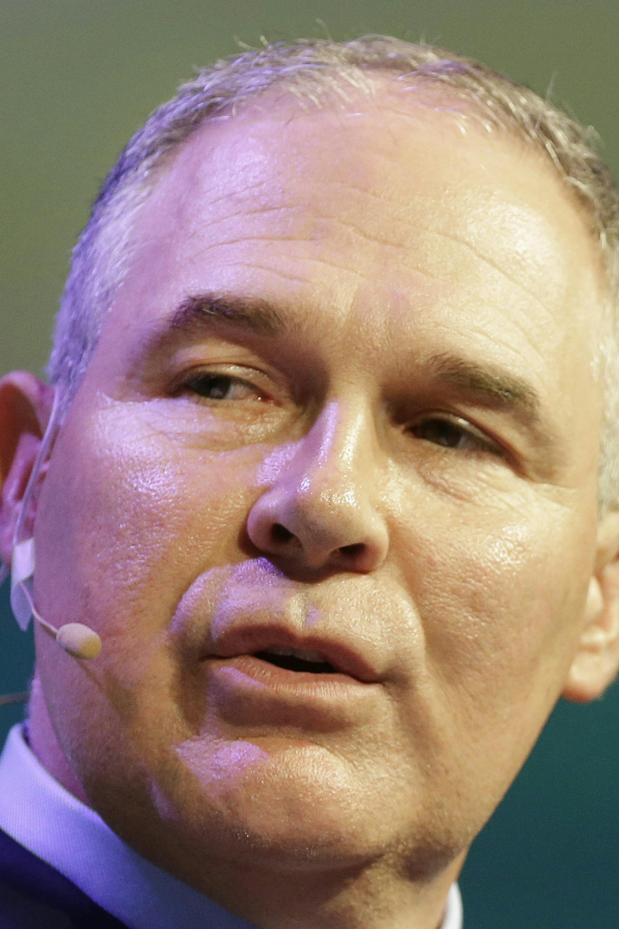 Environmental Protection Agency Administrator Scott Pruitt speaks during CERWeek by IHS Markit on Thursday, March 9, 2017, in Houston. Pruitt said on CNBC's "Squawk Box," he does not believe that carbon dioxide is a primary contributor to global warming, a statement at odds with mainstream scientific consensus and his own agency. (Melissa Phillip /Houston Chronicle via AP)