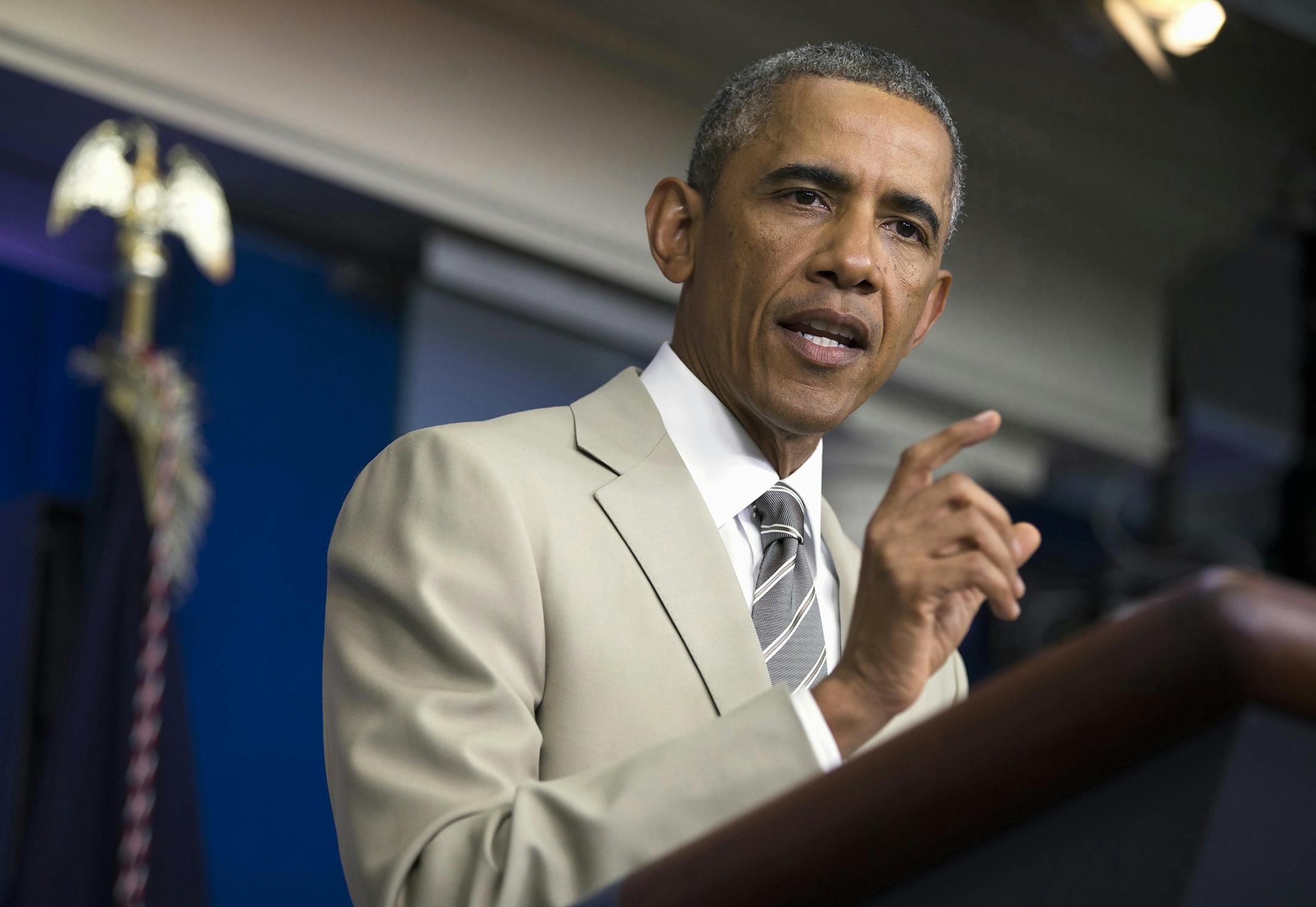 FILE - This Aug. 28, 2014 file photo shows President Barack Obama speaking in the James Brady Press Briefing Room of the White House in Washington, before convening a meeting with his national security team on the militant threat in Syria and Iraq. President Barack Obama‚Äôs acknowledgement the U.S. still lacks a strategy for defeating the growing extremist threat emanating from Syria reflects a still unformed international coalition. The president will meet with his top adviser