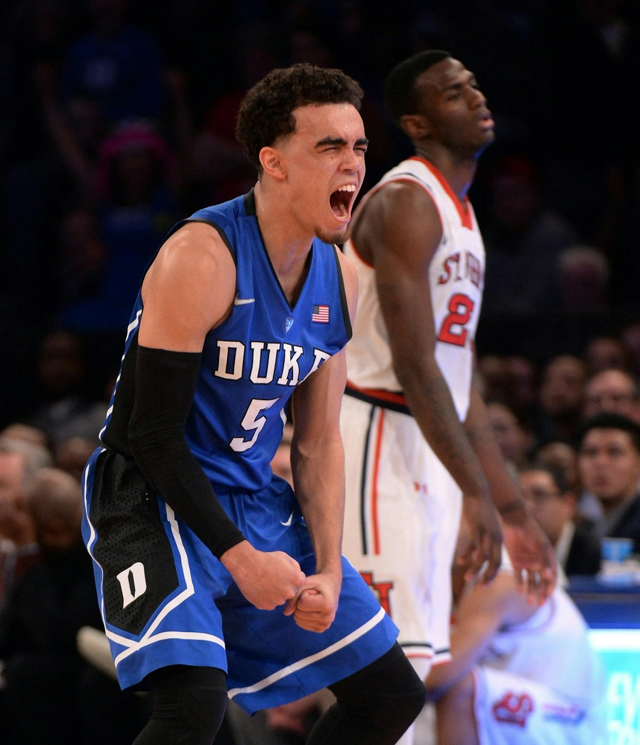 Duke's Tyus Jones (5) reacts after St. John's turns over the ball in the second half at Madison Square Garden in New York on Sunday, Jan. 25, 2015. Duke won, 77-68, as head coach Mike Krzyzewski won his 1,000th career game. (Chuck Liddy/Raleigh News & Observer/TNS) ORG XMIT: 1163109 ORG XMIT: MIN1501251830246269