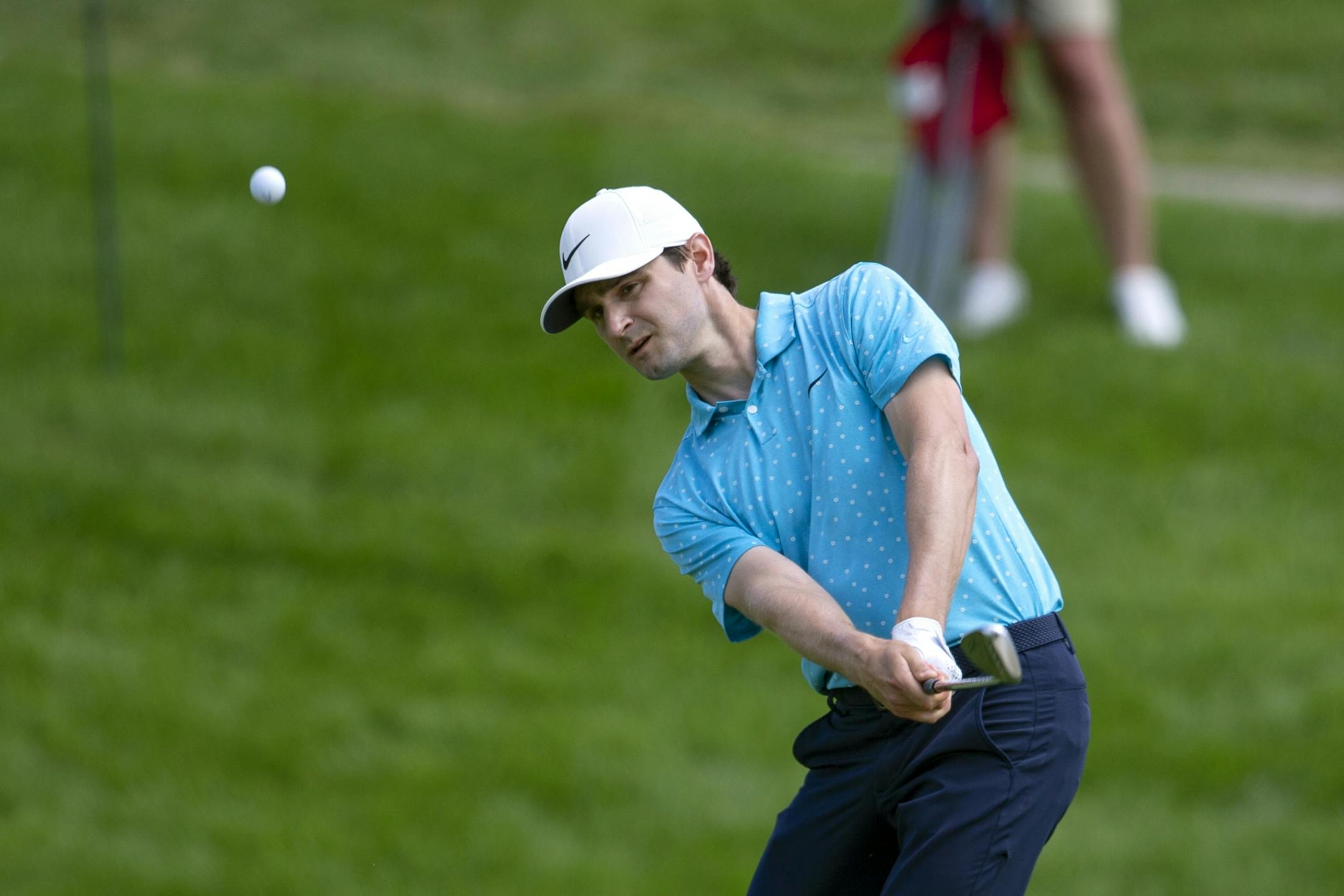 Kyle Stanley chips on the ninth hole during the first round of the 3M Open golf tournament in Blaine, Minn., Thursday, July 23, 2020.
