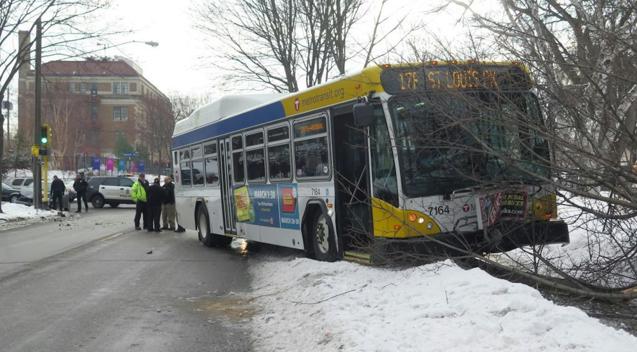 An MTC bus ended up on the boulevard/sidewalk on 24th street after it was hit by a car at the intersection of Blaisdell Ave. and 24th St. Thursday morning, March 20, 2014.