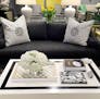 A Tobi Fairley coffee table is paired with her Eva sofa for C.R. Laine in Derek Onyx fabric. (Patricia Sheridan/Pittsburgh Post-Gazette/TNS) ORG XMIT: