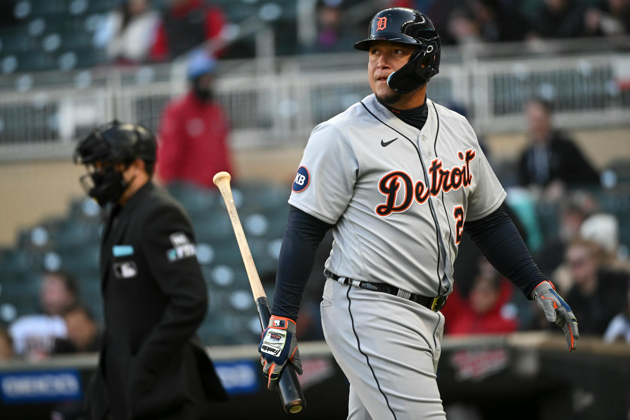 Detroit Tigers designated hitter Miguel Cabrera (24) looks on after he was struck out my Minnesota Twins starting pitcher Chris Paddack (20) in the top of the first inning.