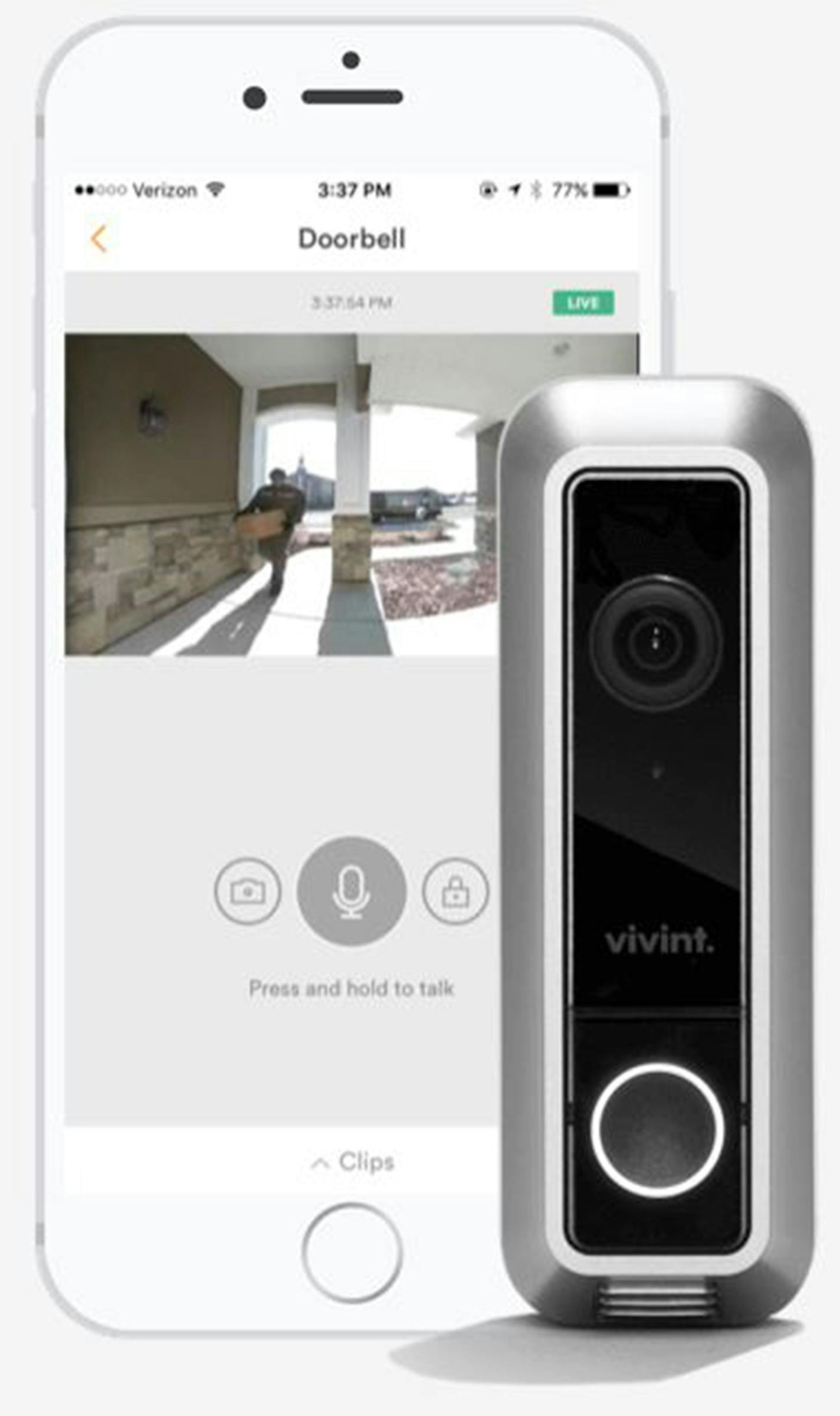 Vivint SmartHome's doorbell camera allows users to remotely detect visitors via their cell phones.