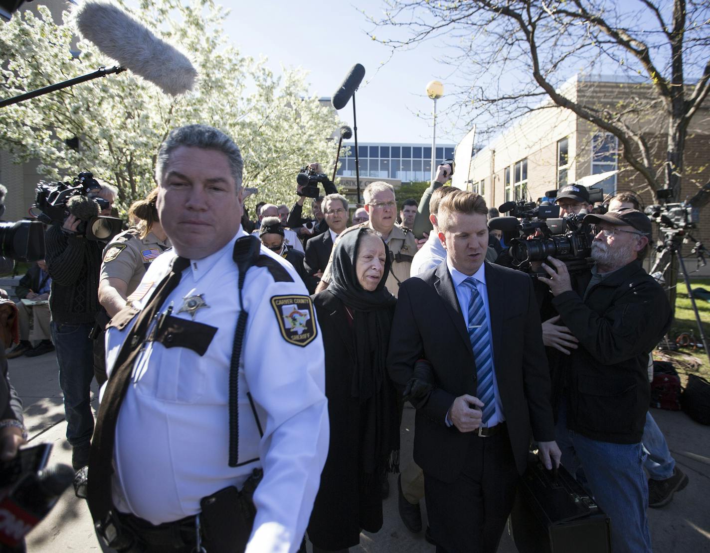 Prince's half-sister Norrine Nelson, in black, leaves the Carver County Justice Center in Chaska. ] (Leila Navidi/Star Tribune) leila.navidi@startribune.com BACKGROUND INFORMATION: Monday, May 2, 2016. With the approval of most of Prince&#xed;s siblings, Carver County District Court Judge Kevin Eide confirmed the appointment of Bremer Trust, National Association as special administrator to manage the late musician&#xed;s assets during a probate hearing at the Carver County Justice Center in Chas