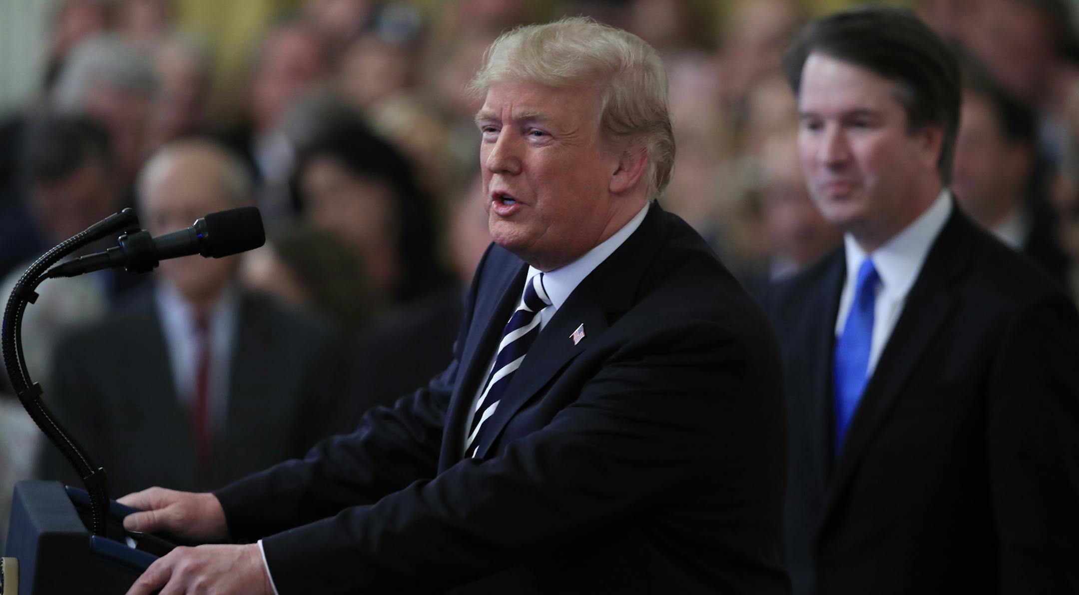 President Donald Trump speaks during the ceremonial swearing-in ceremony of Brett Kavanaugh as Associate Justice of the Supreme Court of the United States in the East Room of the White House in Washington, Monday, Oct. 8, 2018. (AP Photo/Manuel Balce Ceneta)