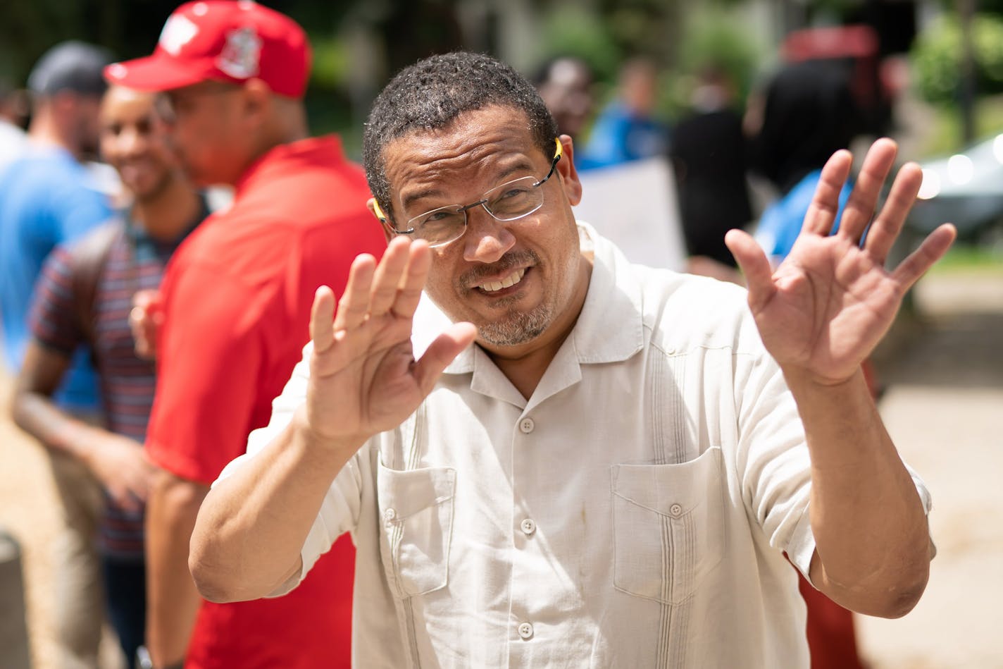 U.S. Rep. Keith Ellison greeted supporters as he arrived at the convention.