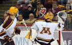 Minnesota Golden goaltender Mat Robson (40) reaches out for a glove save in the first period against Wisconsin on Saturday, Jan. 26, 2019, at the 3M A