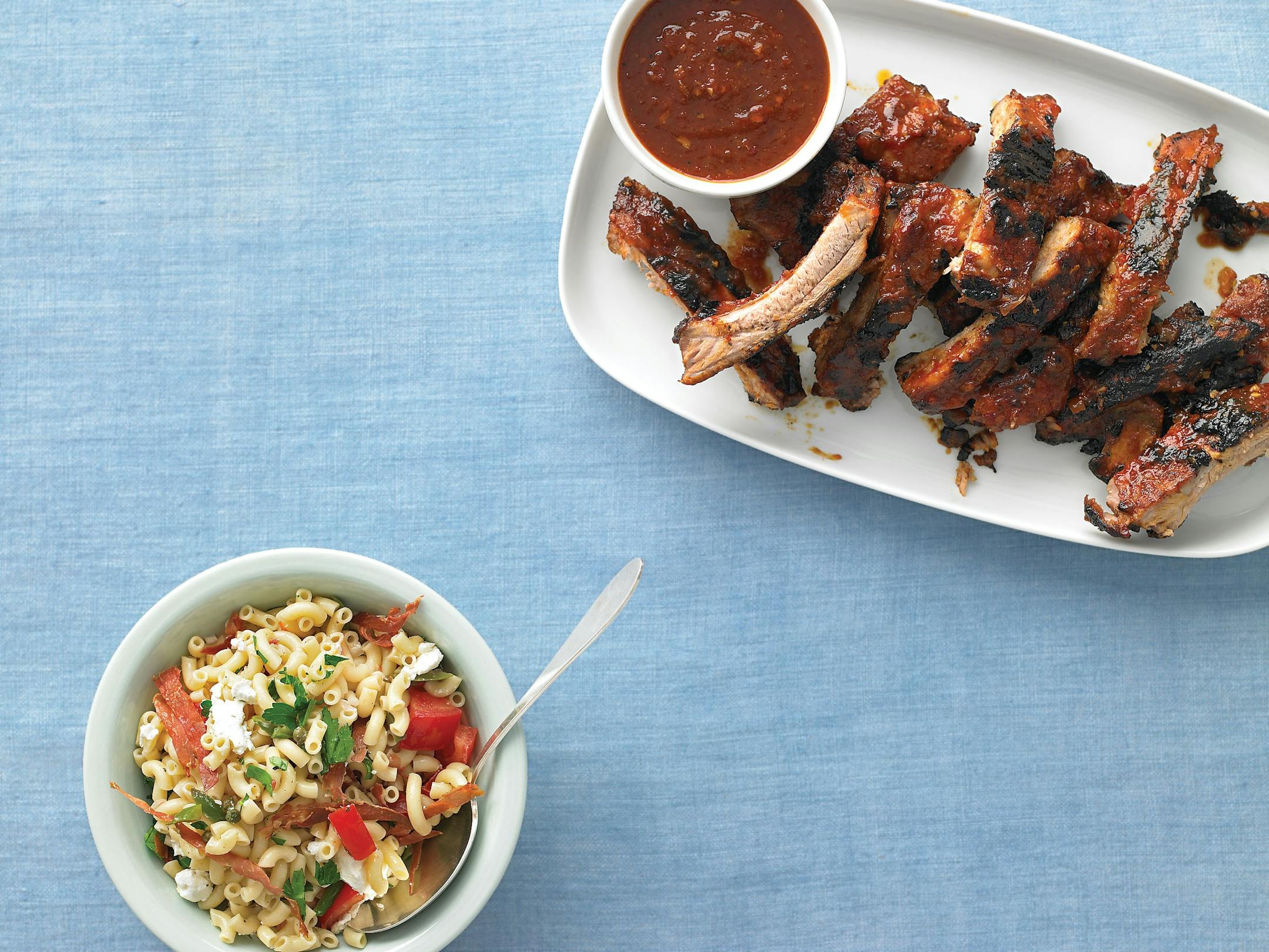 EJ's Simple Ribs, Emeril's Rib Sauce and Emeril's Macaroni Salad.