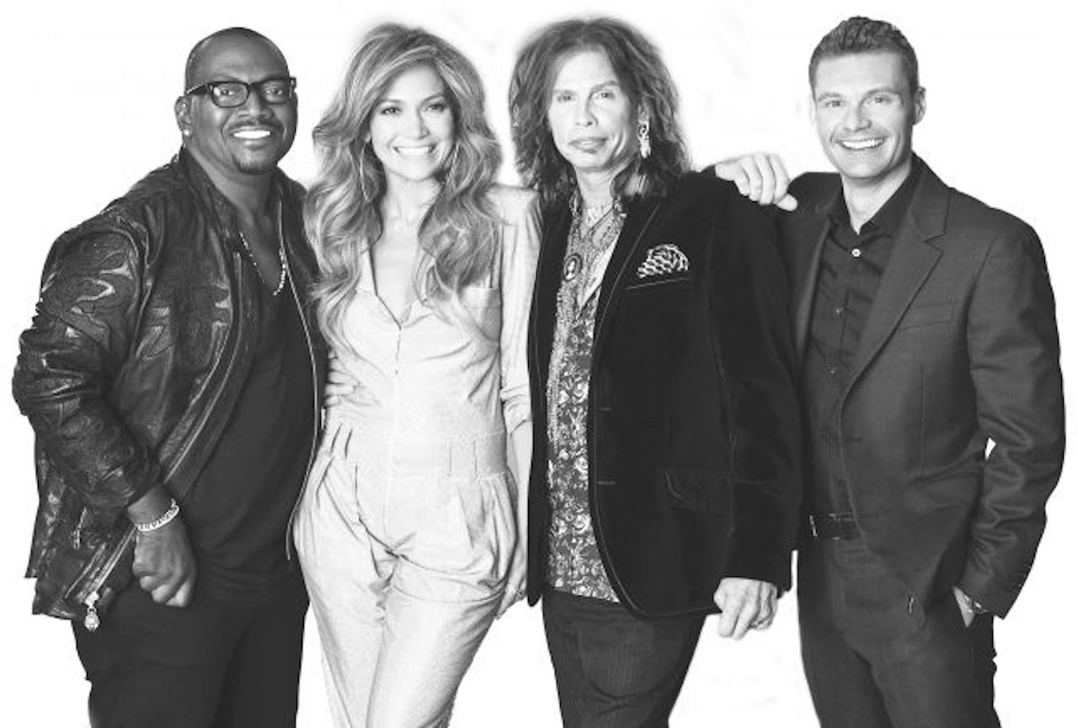 "American Idol" judges, from left, Randy Jackson, Jennifer Lopez and Steven Tyler, with host Ryan Seacrest.