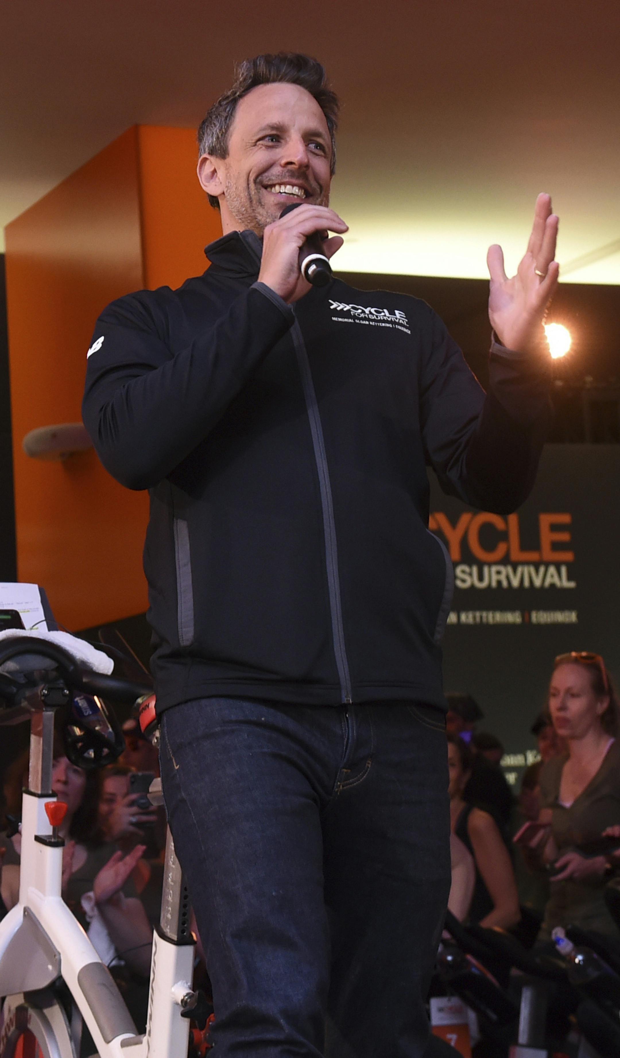 IMAGE DISTRIBUTED FOR CYCLE FOR SURVIVAL - Seth Meyers joins rare cancer survivors, patients, caregivers, doctors and supporters in the fight to beat rare cancers at a Cycle for Survival event in New York on March 10, 2019. (Photo by Diane Bondareff/Invision for Cycle for Survival/AP Images)