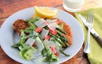 Crispy chicken with roasted asparagus salad.