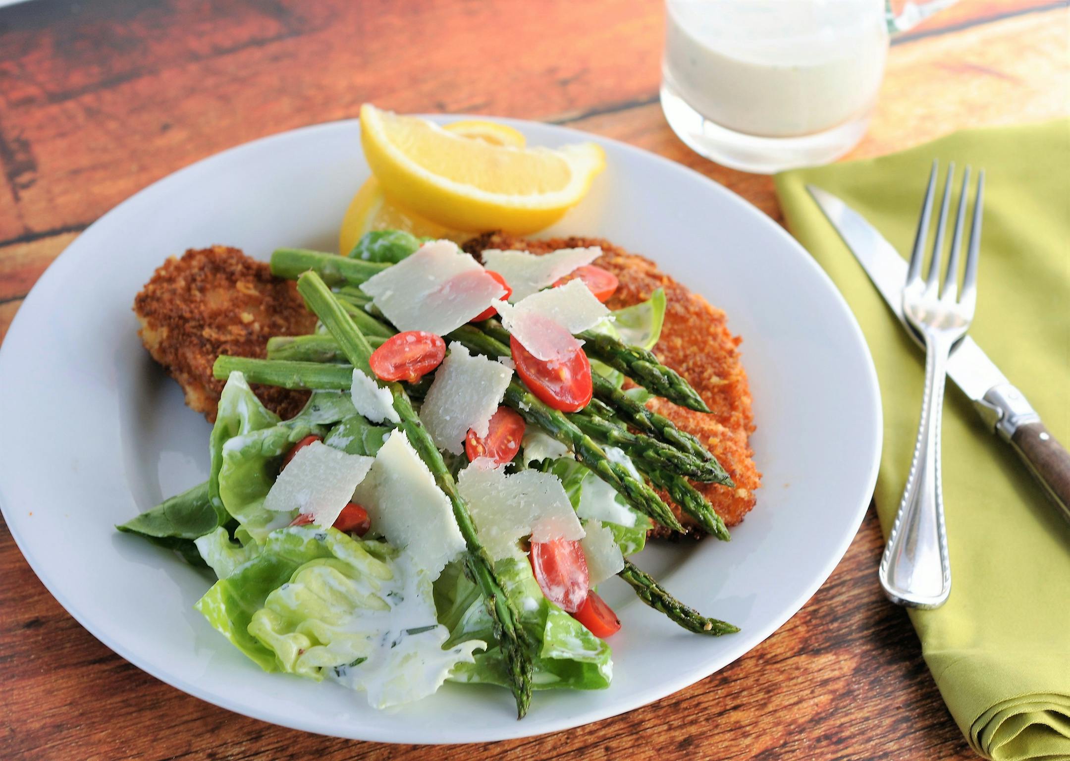 Crispy chicken with roasted asparagus salad.