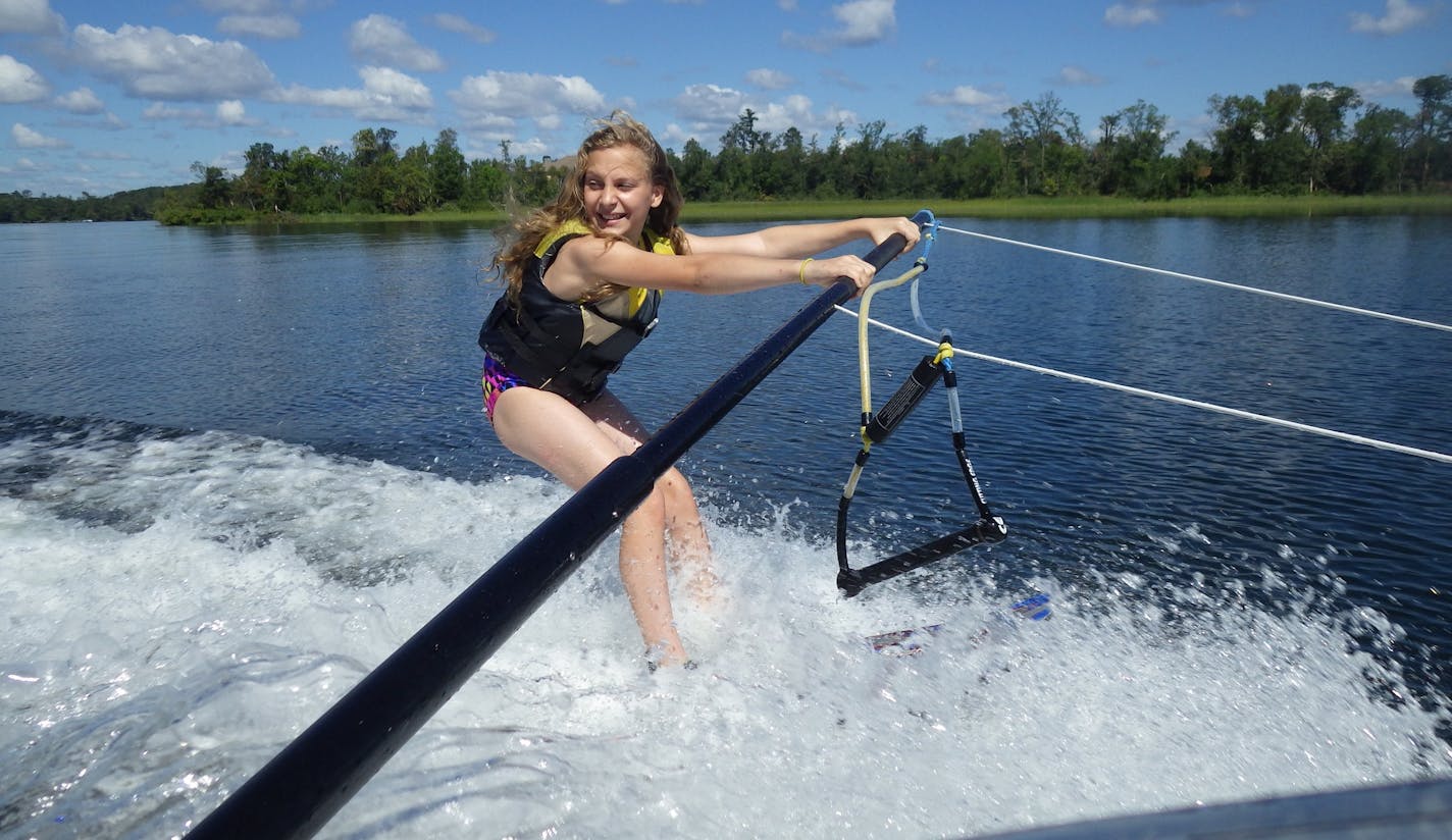 Kylie McClintick clung to a boom for balance during a water ski lesson at Madden&#x2019;s on Gull Lake.