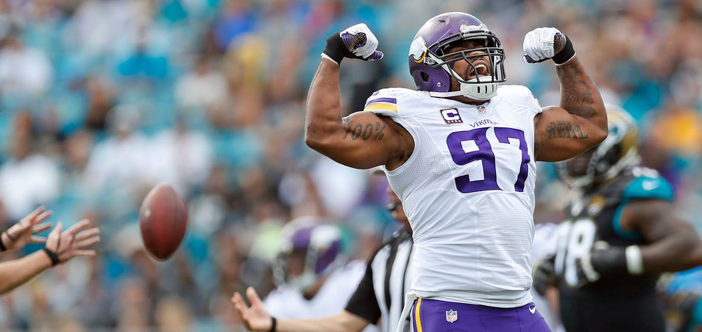 Minnesota Vikings defensive end Everson Griffen (97) pumped his fist after he sacked Jacksonville Jaguars quarterback Blake Bortles (5) in the first quarter at EverBank field, Sunday December 11, 2016 in Jacksonville, Florida.