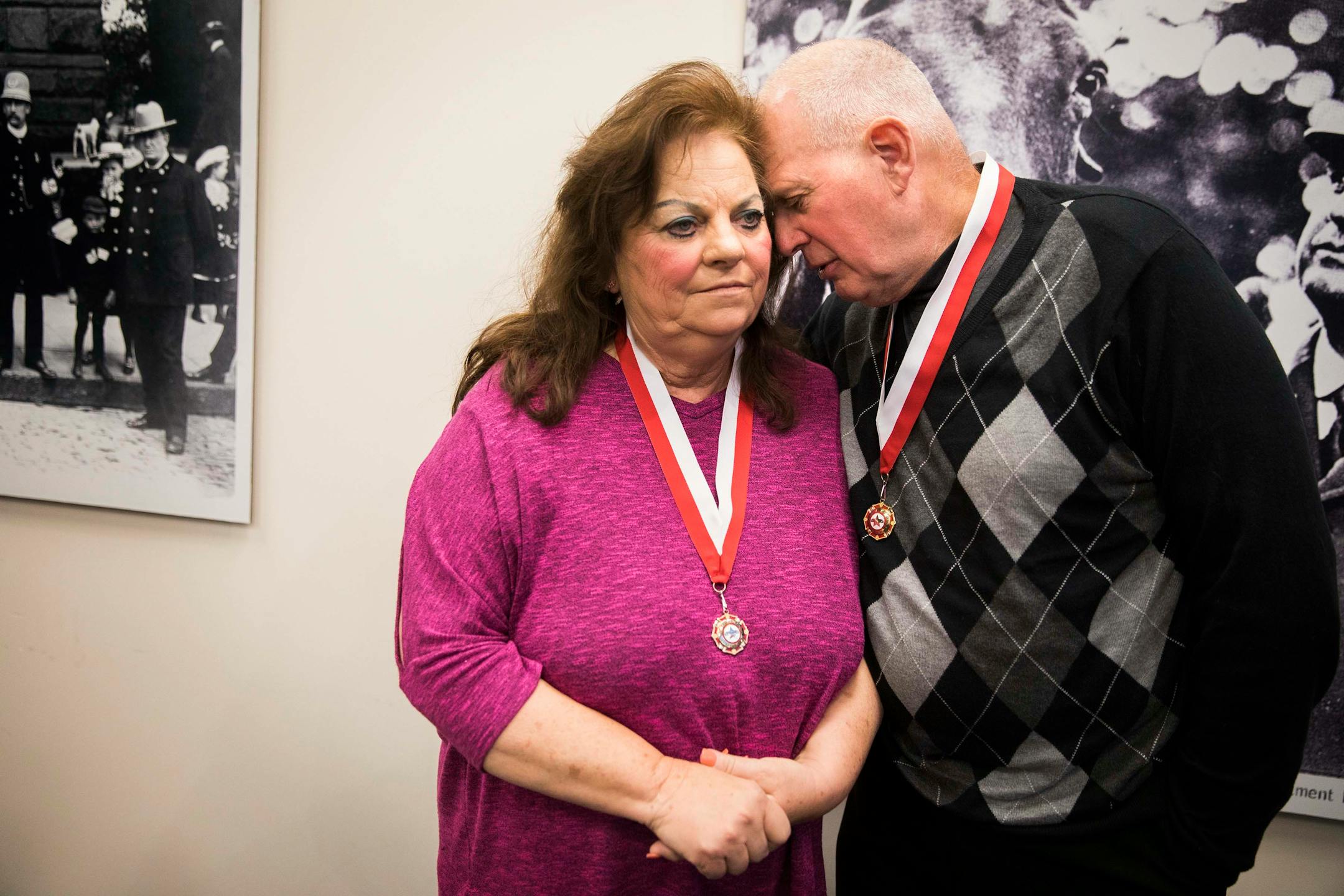 Dorothy Noga, the civilian who helped break the case, shares a moment with retired St. Paul Police officer James Groh, who worked on the case, after the ceremony. Noga said he was whispering to her about how he visited her in the hospital after she was stabbed by Cassie's murderer Stuart Knowlton, and how he broke down and cried when he saw her because no one expected her to live. And that he is thankful that she lived and thinks about it every day. ] LEILA NAVIDI ï leila.navidi@startribune.com