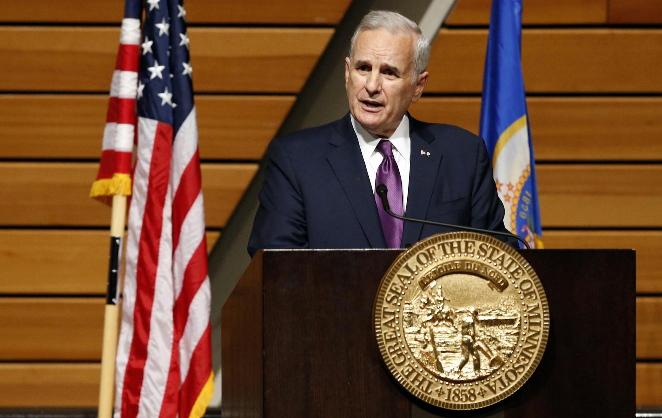 Minnesota Gov. Mark Dayton delivers his State of the State address Wednesday, March 9, 2016, at the University of Minnesota in Minneapolis. (AP Photo/Jim Mone) ORG XMIT: MIN2016030920155133 ORG XMIT: MIN1603101036580383 ORG XMIT: MIN1605061428500325