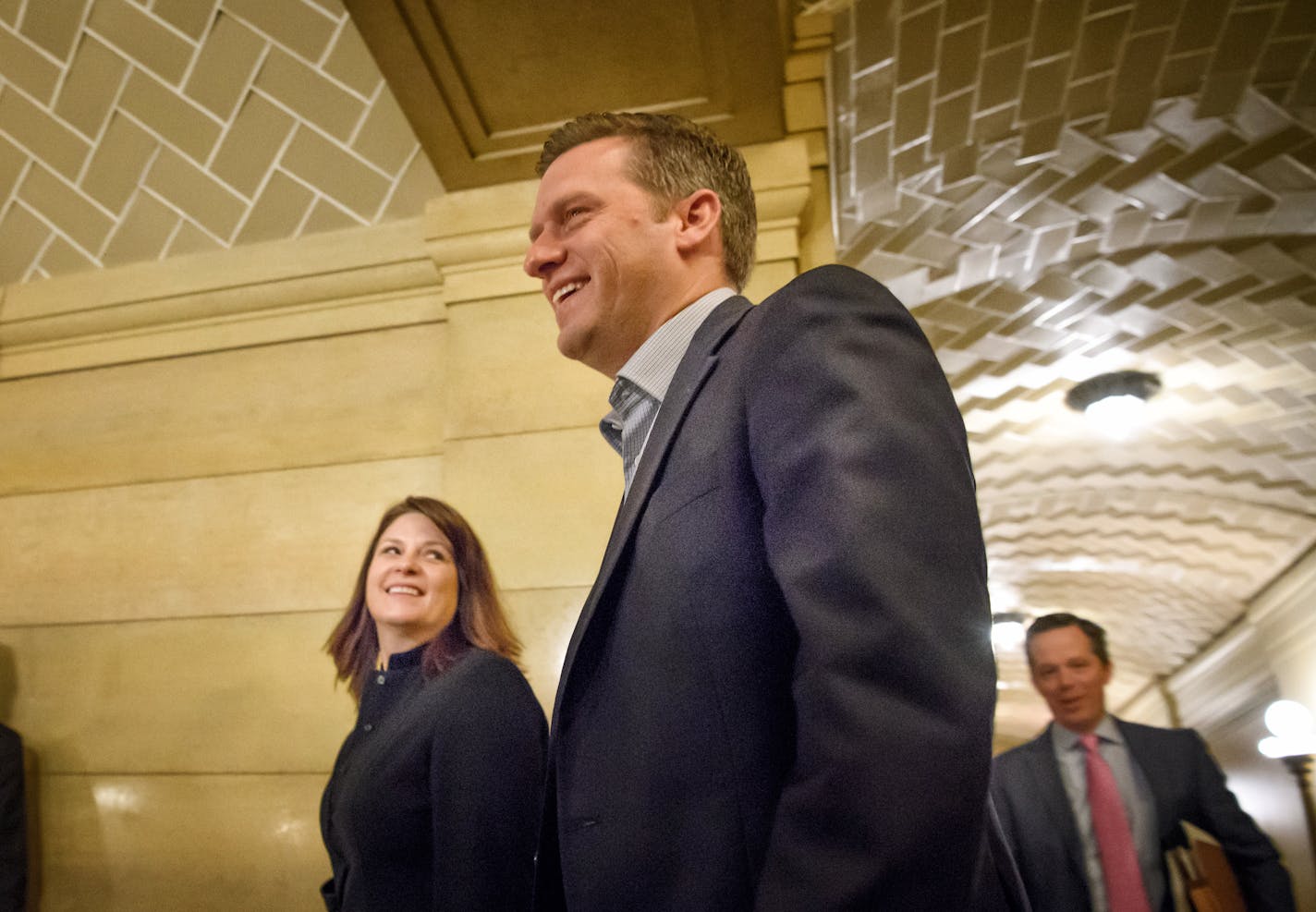 House Majority Leader Joyce Peppin and House speaker Kurt Daudt arrived at the Governor's Cabinet room for budget negotiations.