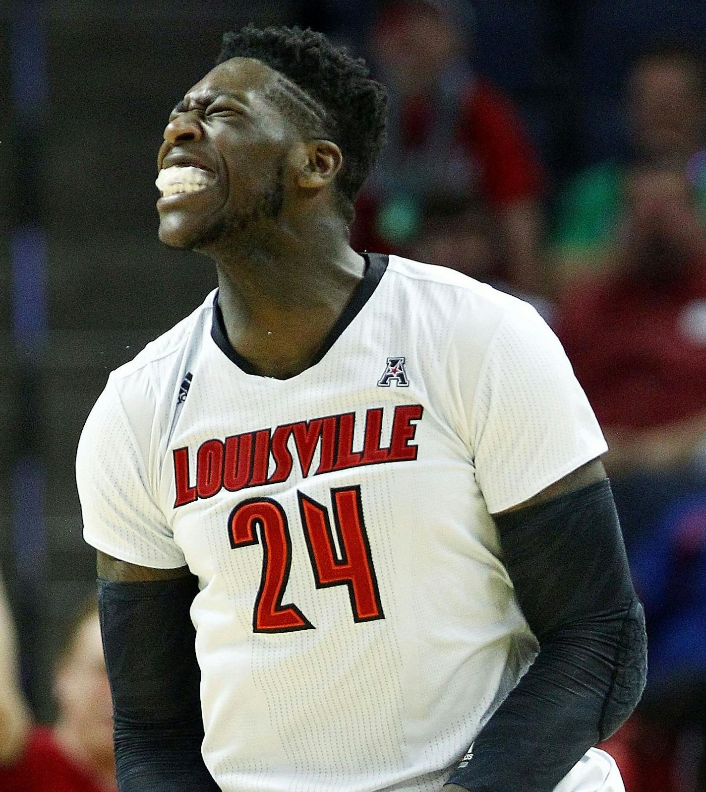 Louisville's Montrezl Harrell celebrates a basket against Connecticut during the second half in the American Athletic Conference Tournament championship at FedExForum in Memphis, Tenn., Saturday, March 15, 2014. Louisville won, 71-61. (Mike Brown/The Commercial Appeal/MCT)