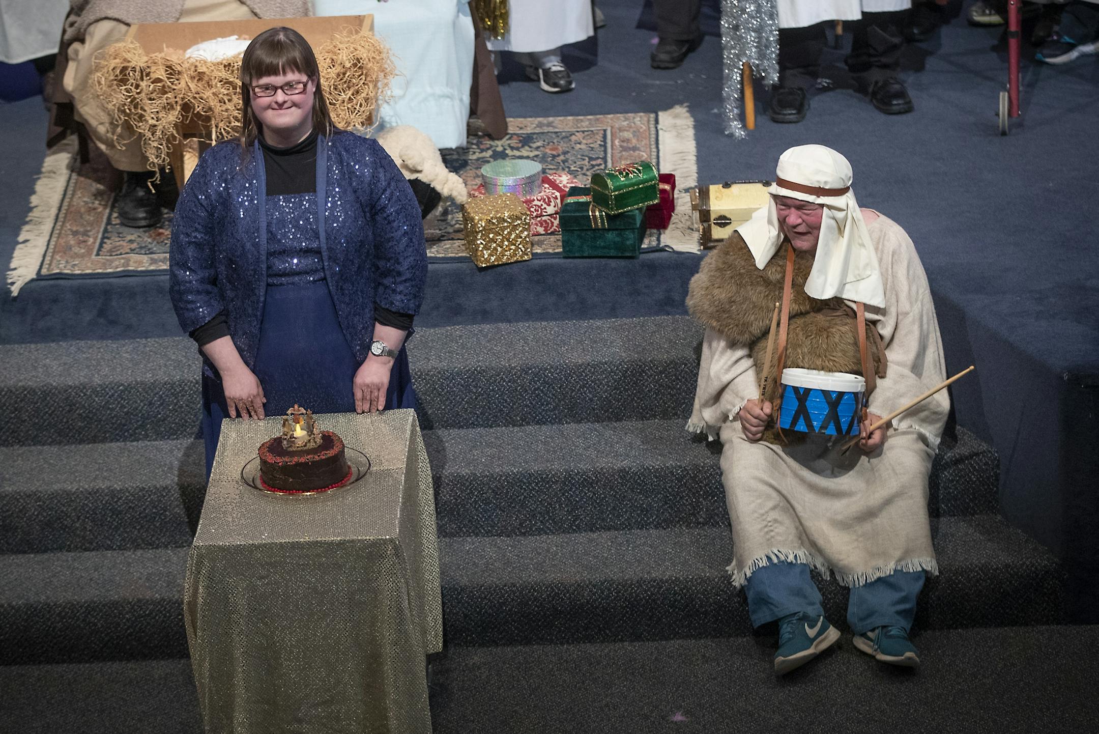 Ashley Kimlinger, left, and Frank Thielen, who played the part of the "Drummer Boy," sang "Happy Birthday to Jesus," as they performed during the nativity pageant at Meadow Creek Church, Thursday, November 29, 2018 in Andover, MN.