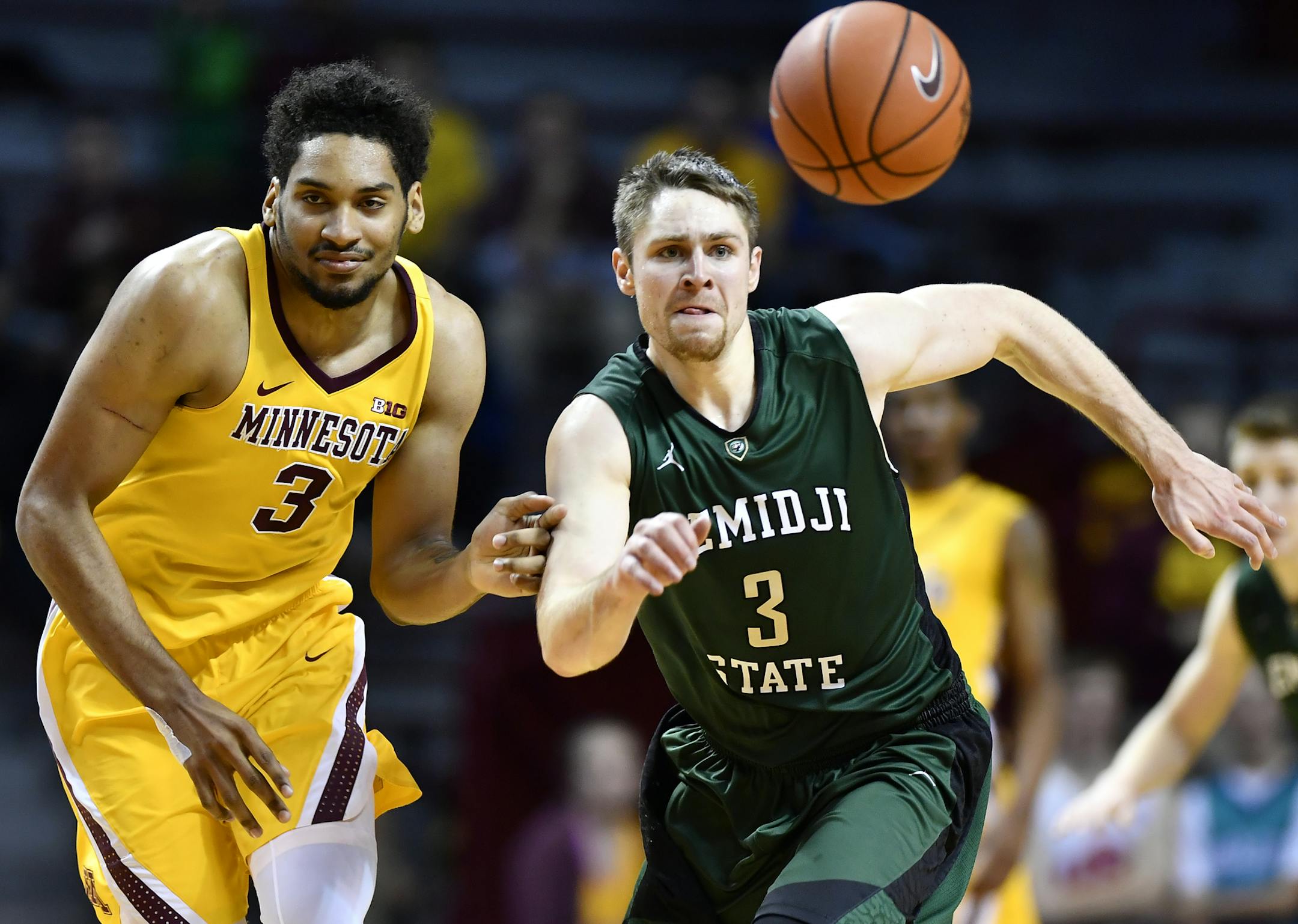 Bemidji State forward William Harvey eyed the ball with determination after stripping it from Minnesota Golden Gophers forward Jordan Murphy (3) in the first half Thursday. ] (AARON LAVINSKY/STAR TRIBUNE) aaron.lavinsky@startribune.com The University of Minnesota Golden Gophers men's basketball team played the Bemidji State Beavers on Thursday, Nov. 3, 2016 at Williams Arena in Minneapolis, Minn.