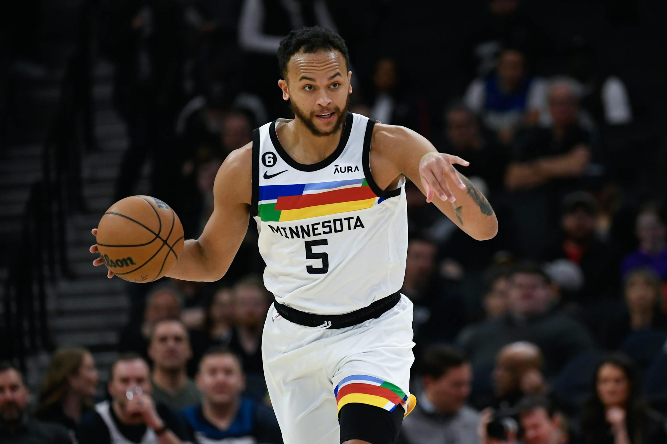 Minnesota Timberwolves forward Kyle Anderson in action against the Philadelphia 76ers during the first half of an NBA basketball game Tuesday, March 7, 2023, in Minneapolis. Philadelphia won 117-94. (AP Photo/Craig Lassig)
