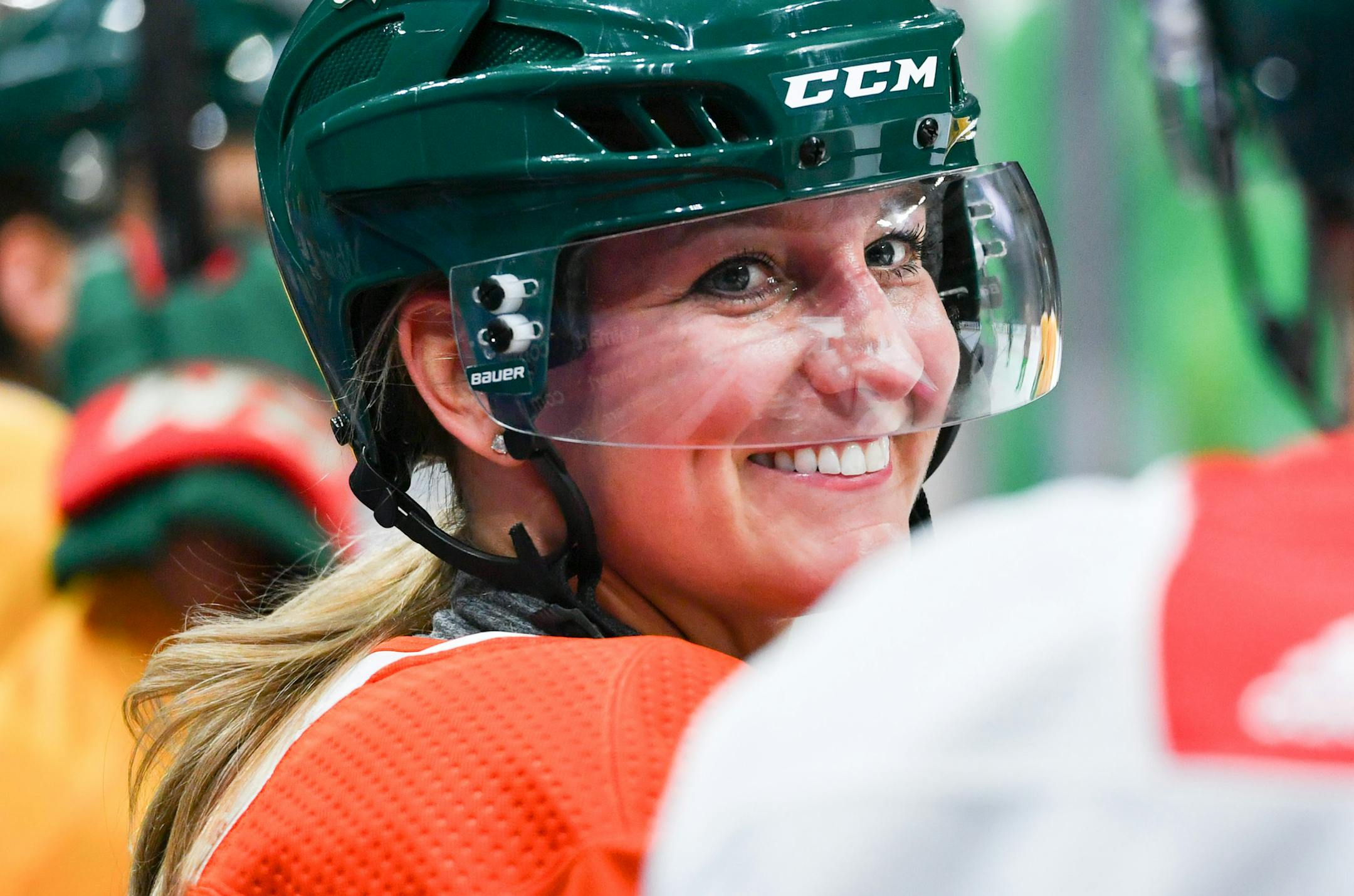 In celebration of the second annual Minnesota Wild Girls Hockey Weekend, former Golden Gopher women's hockey player and U.S. Olympian Krissy Wendell-Pohl practiced with the Minnesota Wild on Friday. ] GLEN STUBBE ï glen.stubbe@startribune.com Friday, December 15, 2017 In celebration of the second annual Minnesota Wild Girls Hockey Weekend, former Golden Gopher women's hockey player and U.S. Olympian Krissy Wendell practiced with the Minnesota Wild.