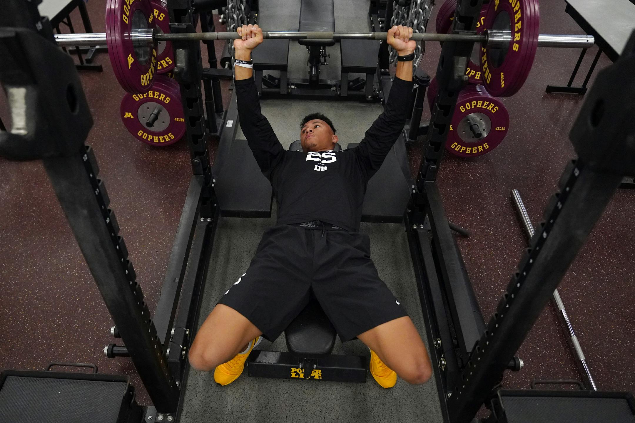 University of Minnesota cornerback Benjamin St-Juste lifted weights in front of NFL scouts during Pro Day Thursday.