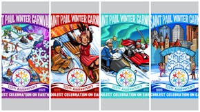 The 2021 buttons encompassing the Winter Carnival logo feature colorful winter designs by Minneapolis artist, muralist and screen painter Adam Turman.