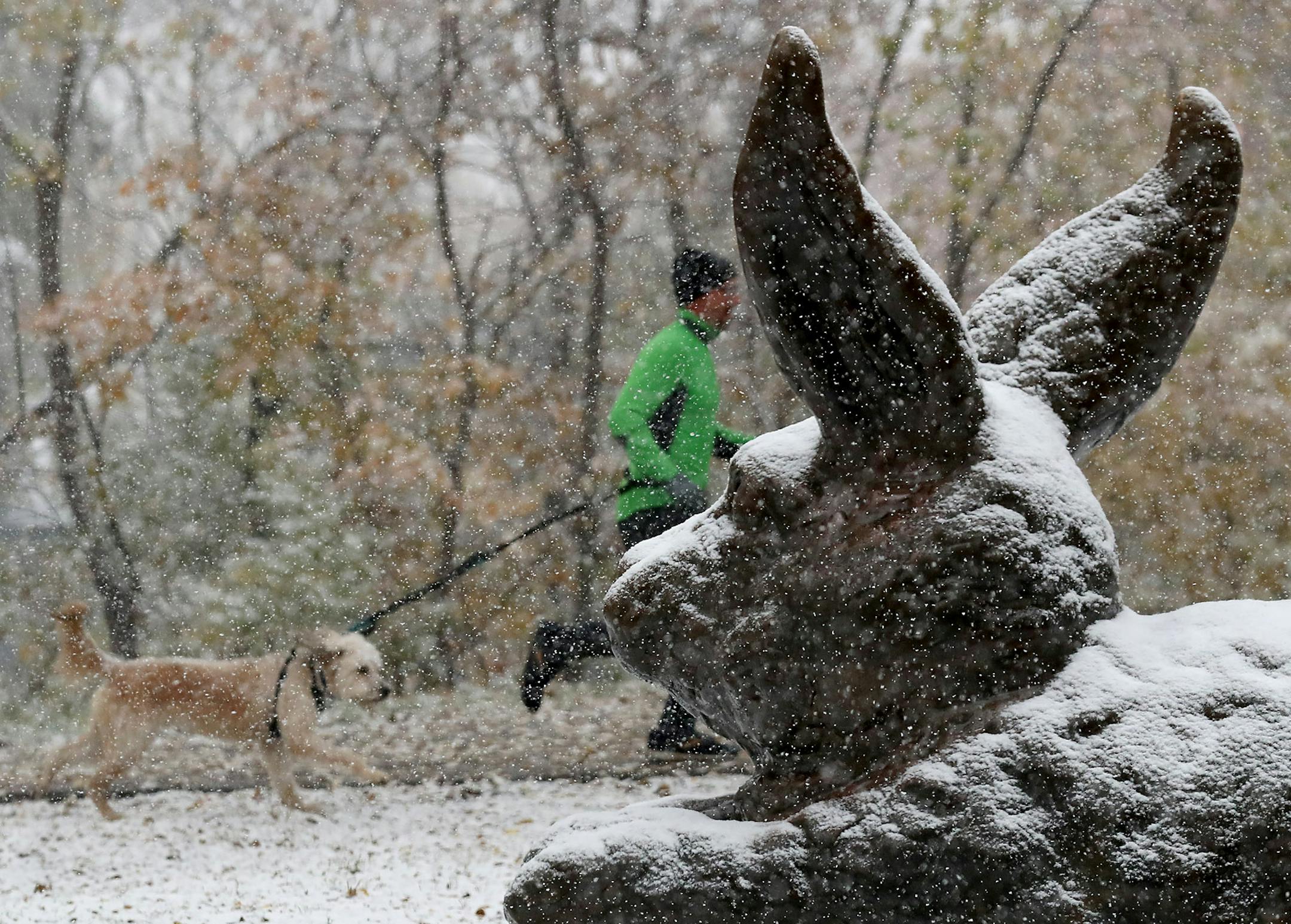Fresh snow accumulated on the Minnehaha Bunny along E. Minnehaha Blvd, near Portland Avenue in Minneapolis. ] DAVID JOLES • david.joles@startribune.com Tuesday, Oct. 20, 2020 in Minneapolis, MN.