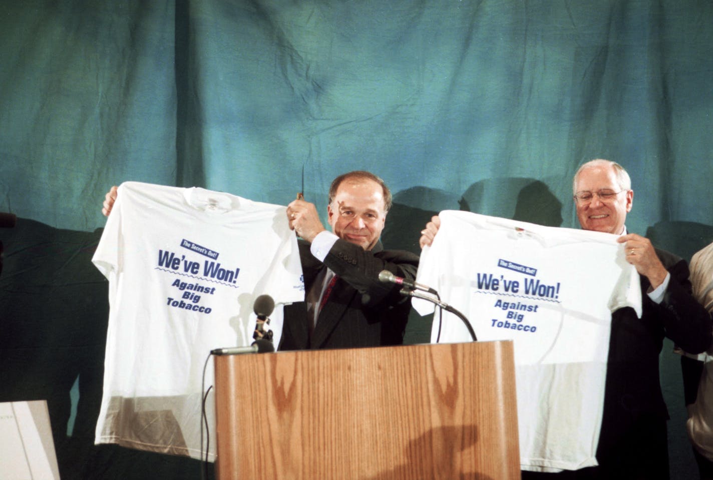 Lead state attorney Michael Ciresi, left, and Minnesota Attorney General Hubert Humphrey III declared victory over the tobacco industry after the sides reached an out-of-court settlement May 8, 1998,after months of courtroom testimony.