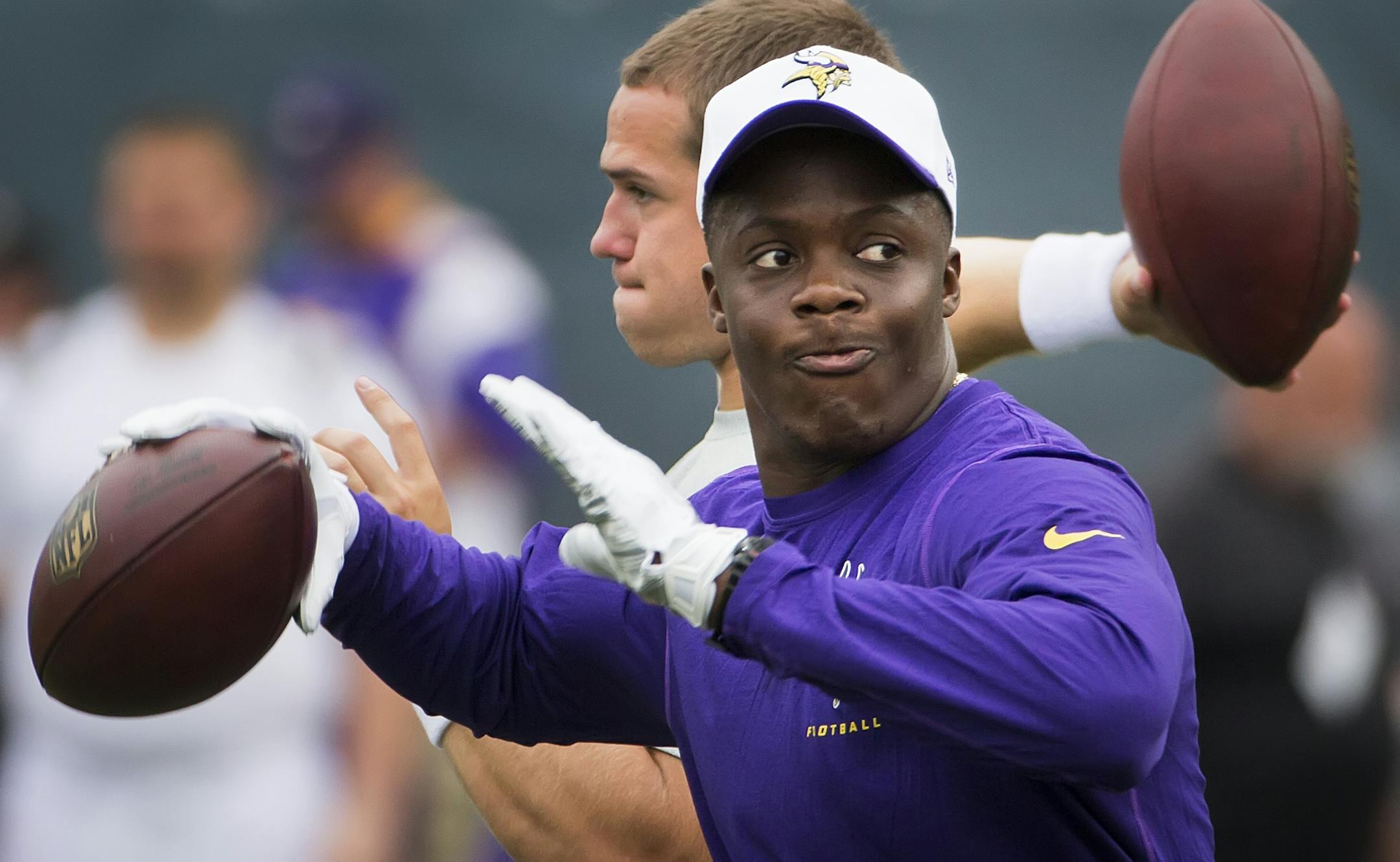 Vikings quarterback Teddy Bridgewater puts his game face on during warm ups before the 1st preseason game of the season.