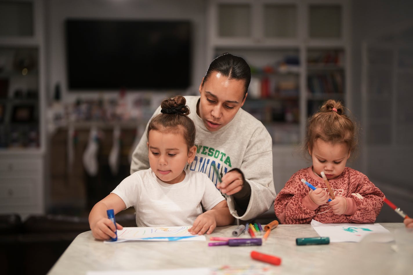 Felicia Krick made crafts with her children Crue, 5, and Vivi, 2, at home on Tuesday, Dec. 26, 2023 in Eagan, Minn. ] RENEE JONES SCHNEIDER • renee.jones@startribune.com