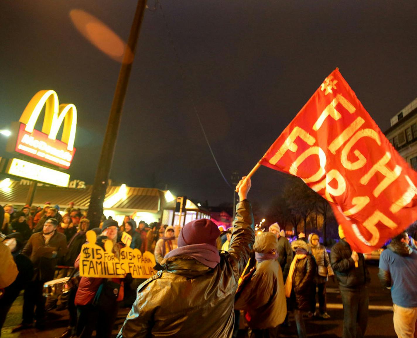 Protestors for Nationwide Fight for $15 Day of Disruption at a Minneapolis McDonald's. A Minneapolis City Council ordinance kicks in this month that puts employers of more than 100 workers on the path to a $15 minimum wage by 2022, and by July 2024 for smaller firms. Photo: by David.Joles@Startribune.com