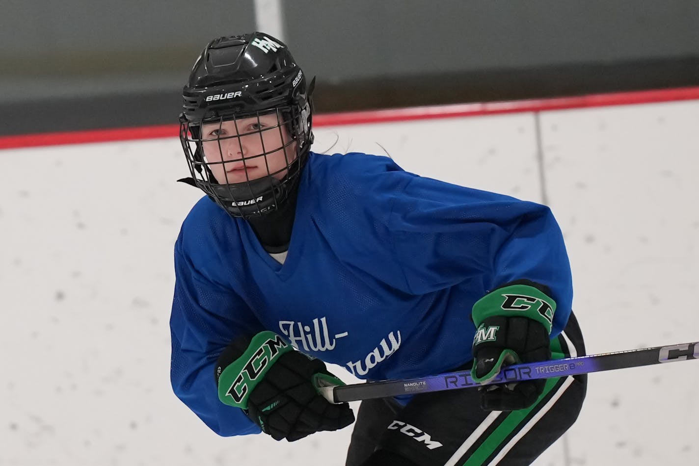 Emily Pohl practicing at Polar Ice Arena Wednesday, Jan. 10, 2024 North St. Paul, Minn. Feature about Hill-Murray girls hockey, coached by husband and wife John Pohl and Krissy Wendell Pohl. Among their highest scorers is their ninth-grade daughter, Emily Pohl. ] GLEN STUBBE • glen.stubbe@startribune.com