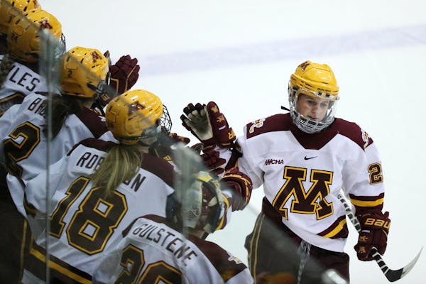 Forward Nicole Schammel (shown in a 2018 game vs. St. Cloud State) scored two goals as the No. 1 Gophers defeated Minnesota Duluth 4-1 on Saturday aft