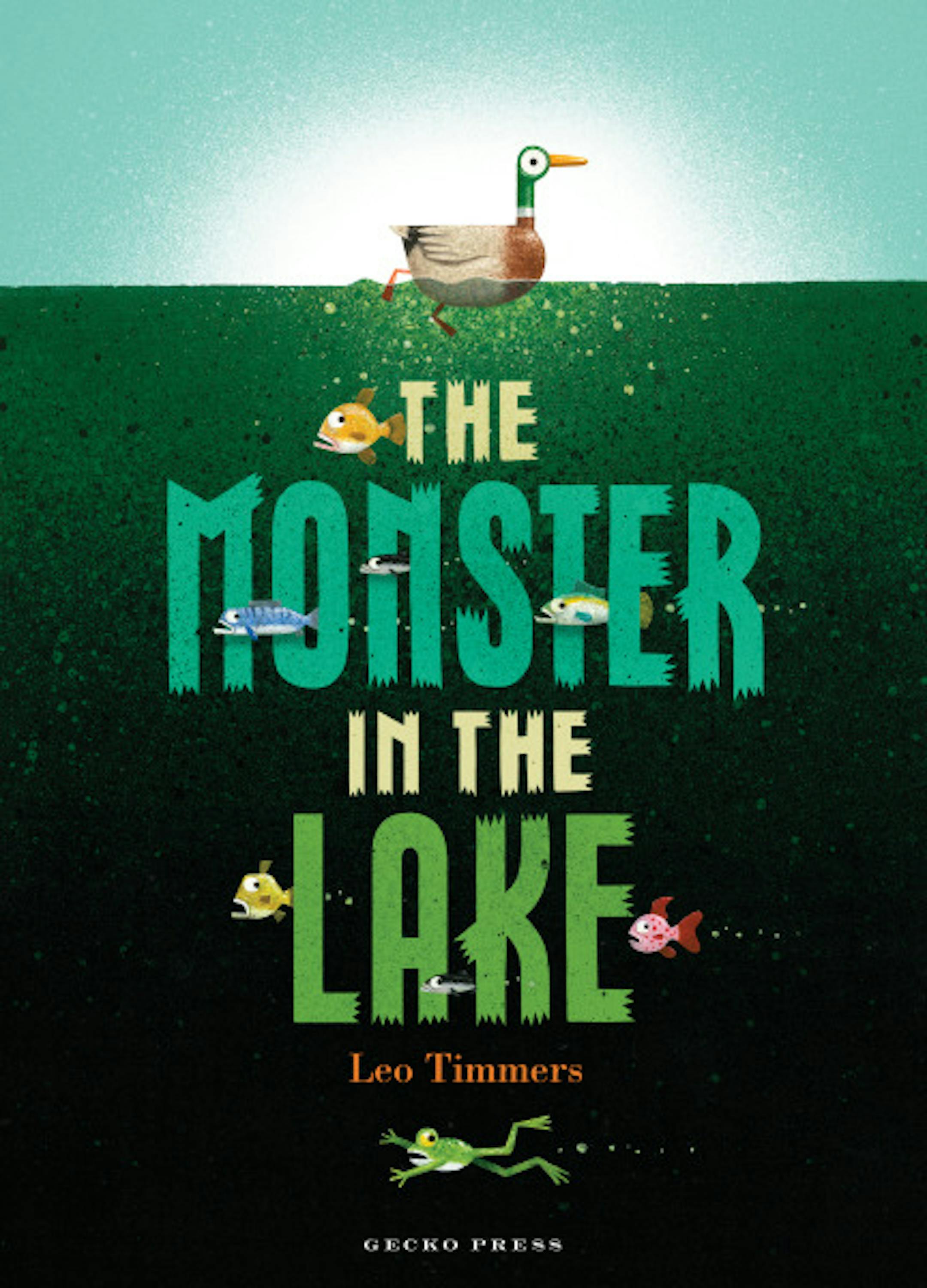 cover of The Monster in the Lake is a cartoony illustration of a duck, paddling across a lake and, under the duck in the water, fish and a frog swimming