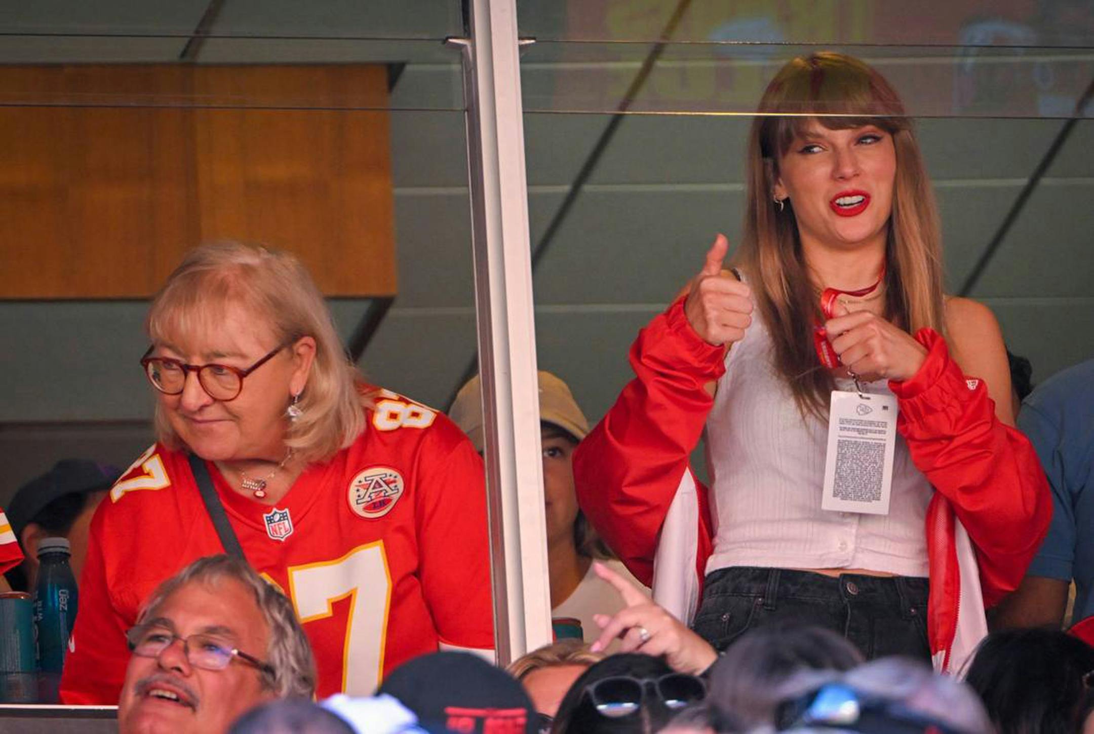 Donna Kelce, left, mother of Chiefs tight end Travis Kelce, watched the game with pop superstar Taylor Swift during the first-half on Sept. 24, 2023, at GEHA Field at Arrowhead Stadium in Kansas City. (Tammy Ljungblad/Kansas City Star/TNS)
