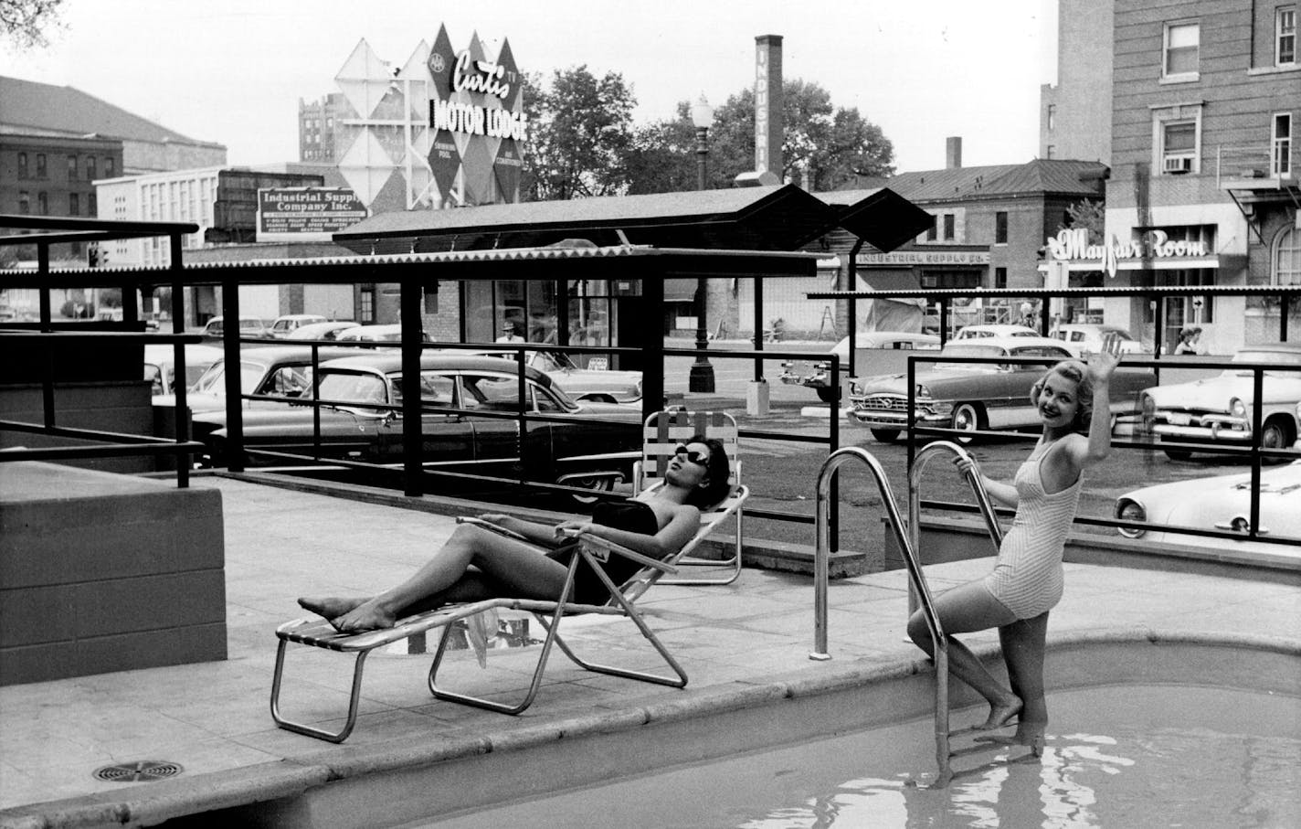 September 19, 1957 Outdoor Pool is Feature Of Curtis Hotel Motor Lodge, Judy Schaefer (left) and Marilynn Johnson take their ease September 17, 1957 September 18, 1957 Roy Swan, Minneapolis Star Tribune