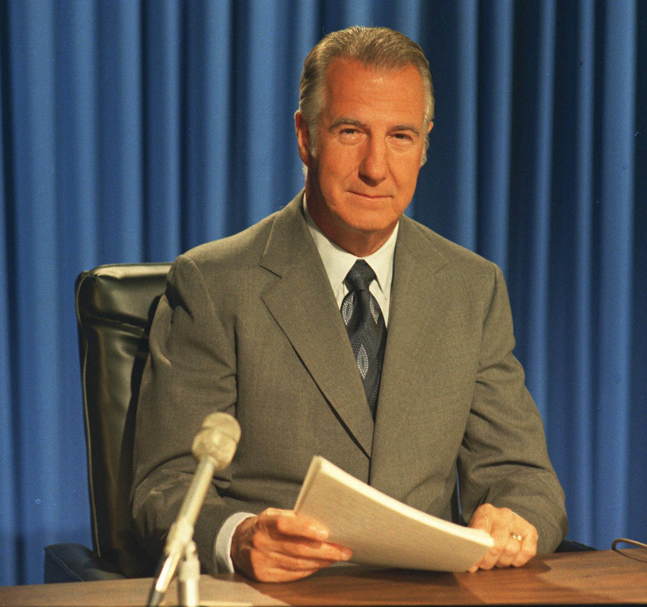 FILE—Spiro T. Agnew, shown after his address to the Nation from Washington D.C. following his resignation as Vice President in 1973. Agnew, an outspoken conservative who loved bashing the media before he resigned in disgrace as Nixon's vice president over a tax-evasion scandal in 1973, died Tuesday. He was 77. Agnew was the little-known governor of Maryland when Nixon picked him as his running mate in 1968. He made a name for himself as vice president for his die-hard conservatism and colorful phraseology, such as when he described the media as ``nattering nabobs of negativism.'' (AP Photo/File)