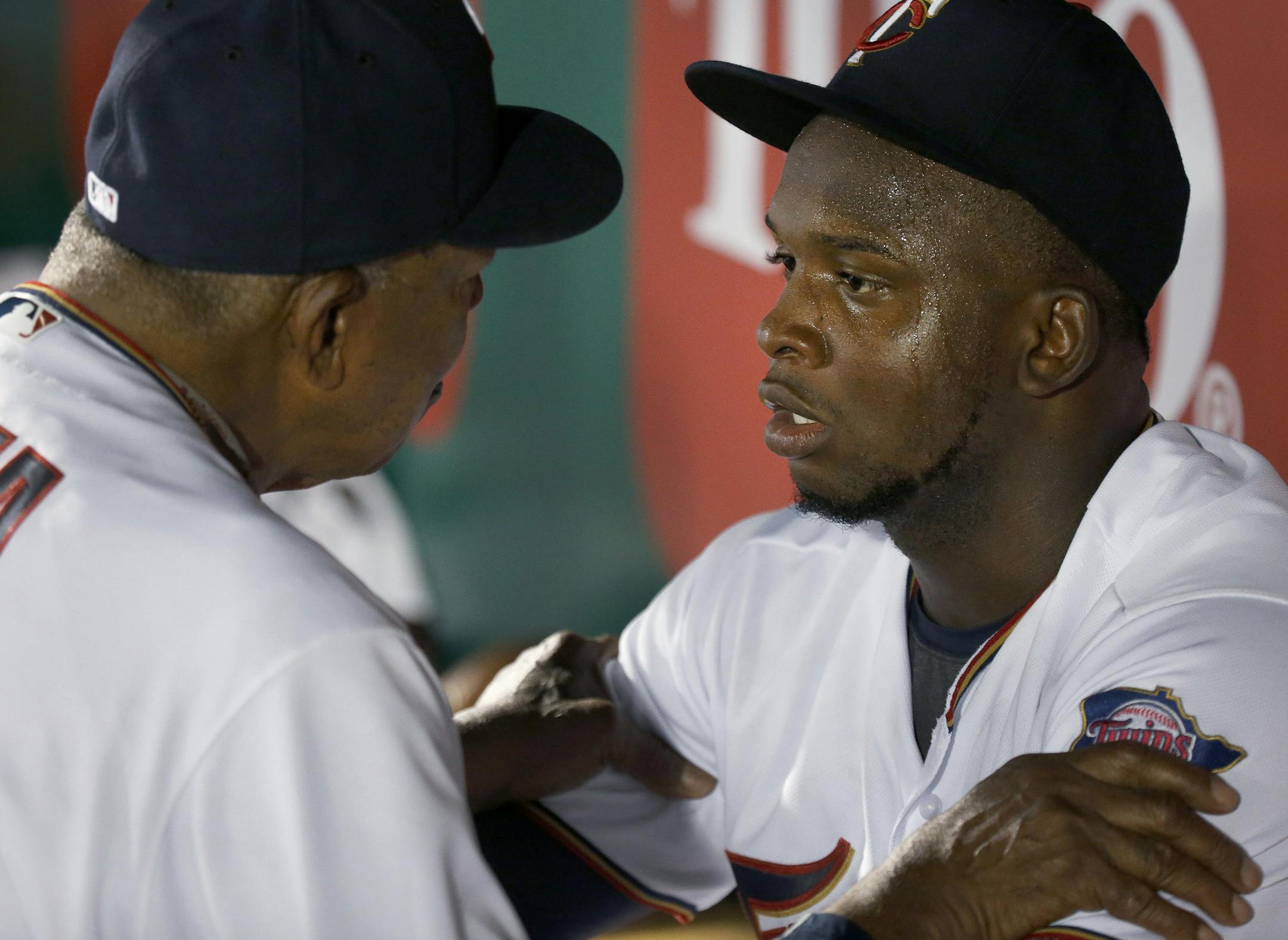 Tony Oliva spoke with Miguel Sano in the dugout after Sano misplayed a ball in the fourth inning ] CARLOS GONZALEZ cgonzalez@startribune.com - March 3, 2016, Fort Myers, FL, Hammond Stadium, Minnesota Twins Spring Training, MLB, Baseball, Minnesota Twins vs. Boston Red Sox