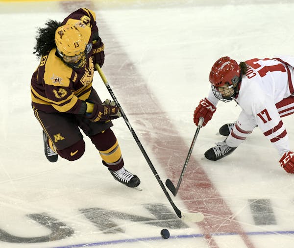 Minnesota's Crystalyn Hengler (13) and Wisconsin's Britta Curl (17) battle for the puck during the first period in the NCAA Division I women's Frozen 